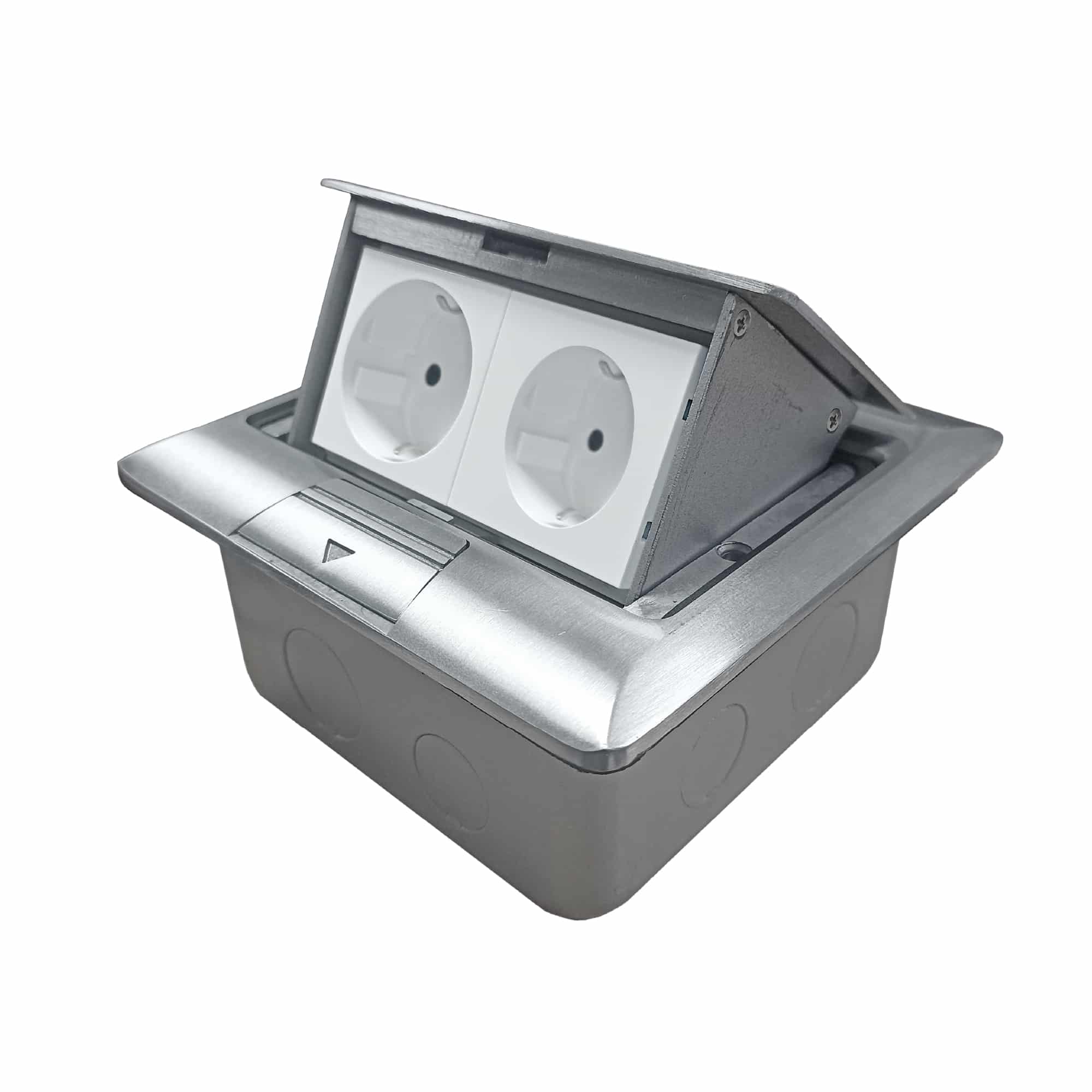 CAJA DE PISO 4 MODULOS (SOFT OPEN) COLOR GRIS + 2 TOMACORRIENTES SCHUKO