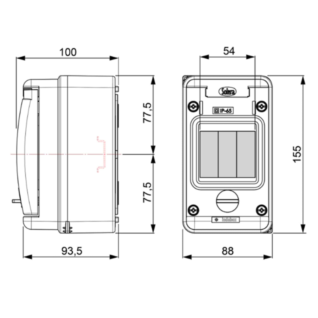 TABLERO ADOSADO TERMOPLÁSTICO, 3P IK08 IP65, S/BORNE, 85x155x100mm (pretroquelado inferior y superior, laterales lisos)