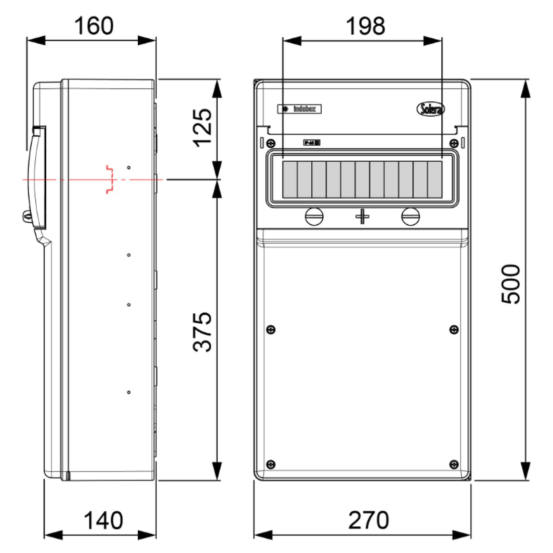 TABLERO INDUSTRIAL ADOSADO 11P IK08 IP65 PARA TOMAS INDUSTRIALES, C/BORNE, 270x500x160mm (no pretroquelado)