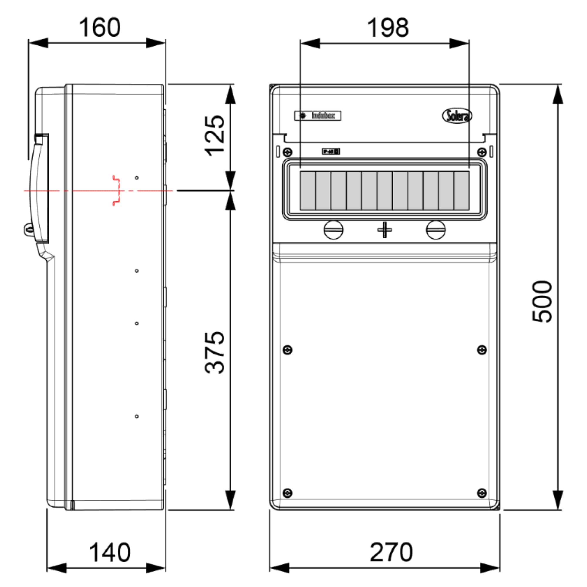 TABLERO INDUSTRIAL ADOSADO 11P IK08 IP65 PARA TOMAS INDUSTRIALES, C/BORNE, 270x500x160mm (no pretroquelado)