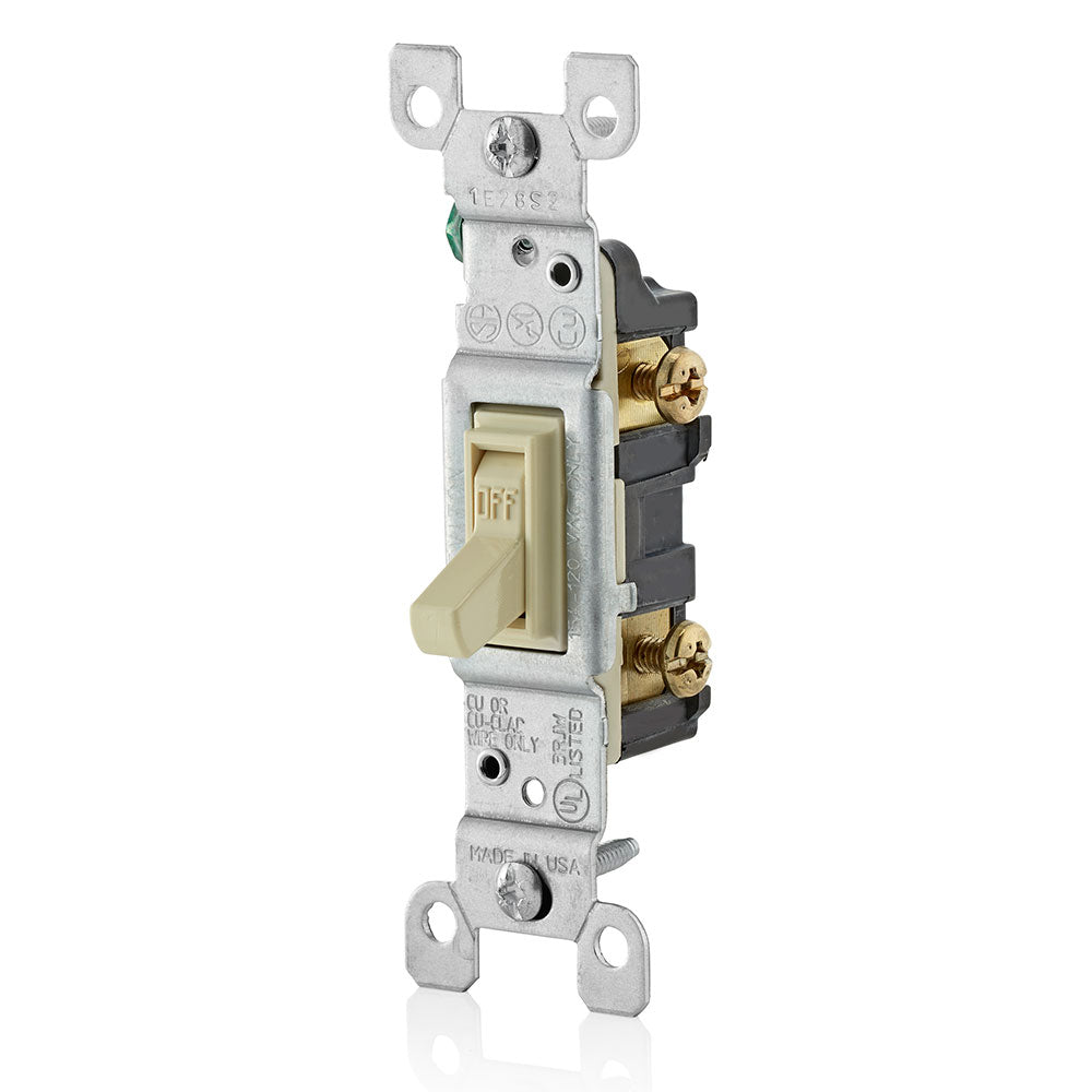 INTERRUPTOR UNIPOLAR SIMPLE DE PALANCA CONEXION A TIERRA 15A 120V MARFIL