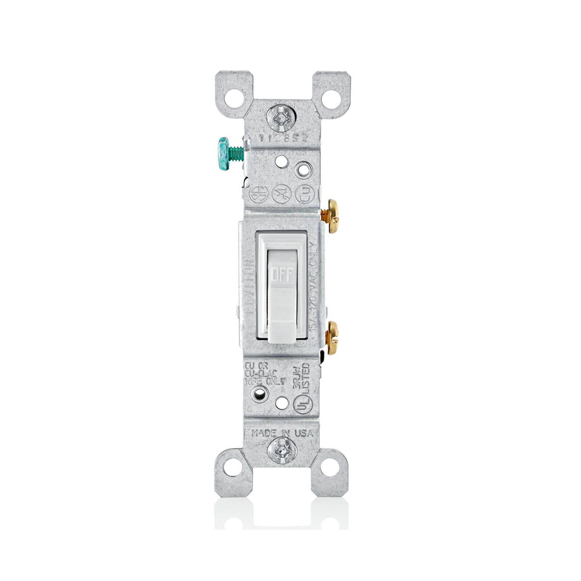 INTERRUPTOR UNIPOLAR SIMPLE DE PALANCA CONEXION A TIERRA 15A 120V BLANCO