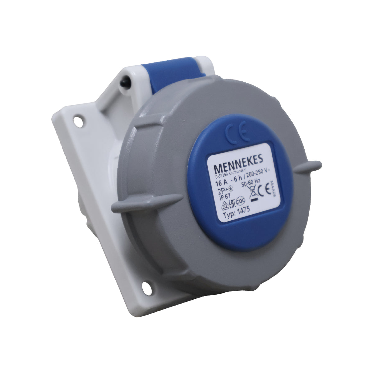 TOMA EMPOTRABLE 16AMP 2P+T 250V AZUL 6H IP67 (INCLINADO)