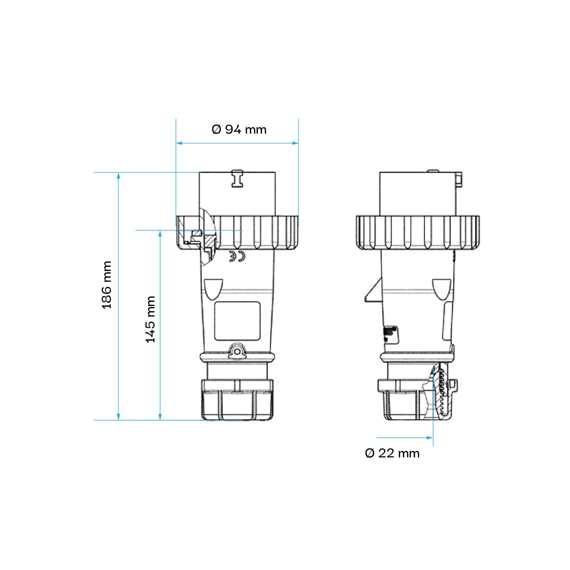 ENCHUFE 32AMP 2P+T 250V AZUL 6H IP67