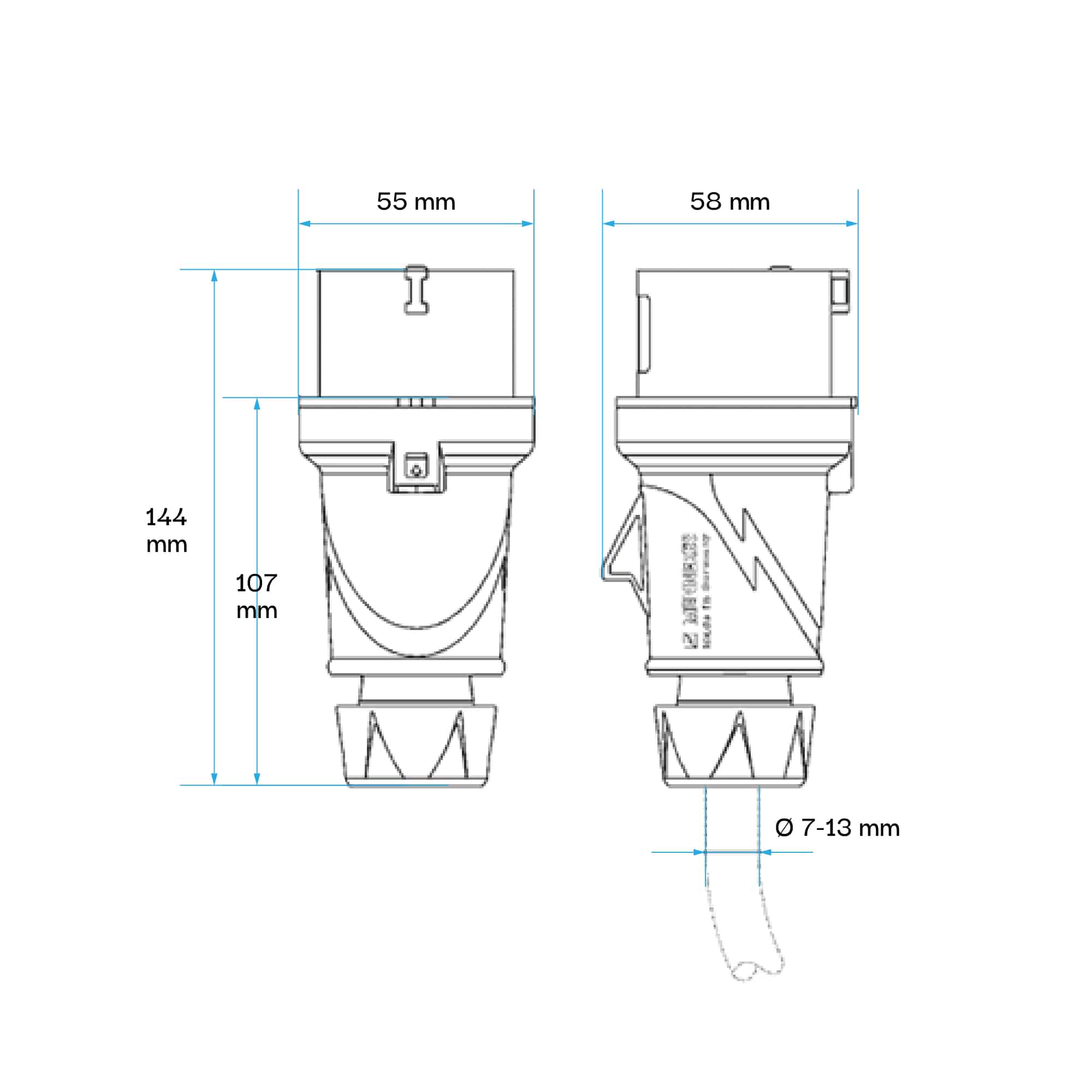 ENCHUFE 16AMP 2P+T 250V AZUL 6H IP44 POWERTOP PLUS (2 CUERPOS)