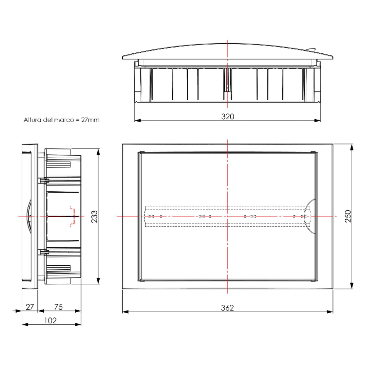 TABLERO EMPOTRADO TERMOPLÁSTICO, 14P, PUERTA BLANCA HORIZONTAL, 320x233x75mm