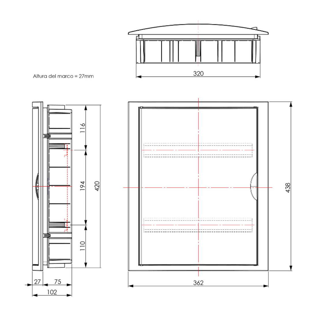 TABLERO EMPOTRADO TERMOPLÁSTICO, 24+4P, PUERTA BLANCA HORIZONTAL, 320x420x75mm