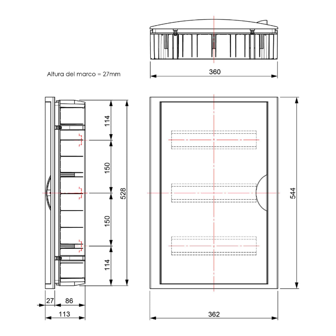 TABLERO EMPOTRADO TERMOPLÁSTICO, 42P, PUERTA BLANCA HORIZONTAL, 360x528x86mm