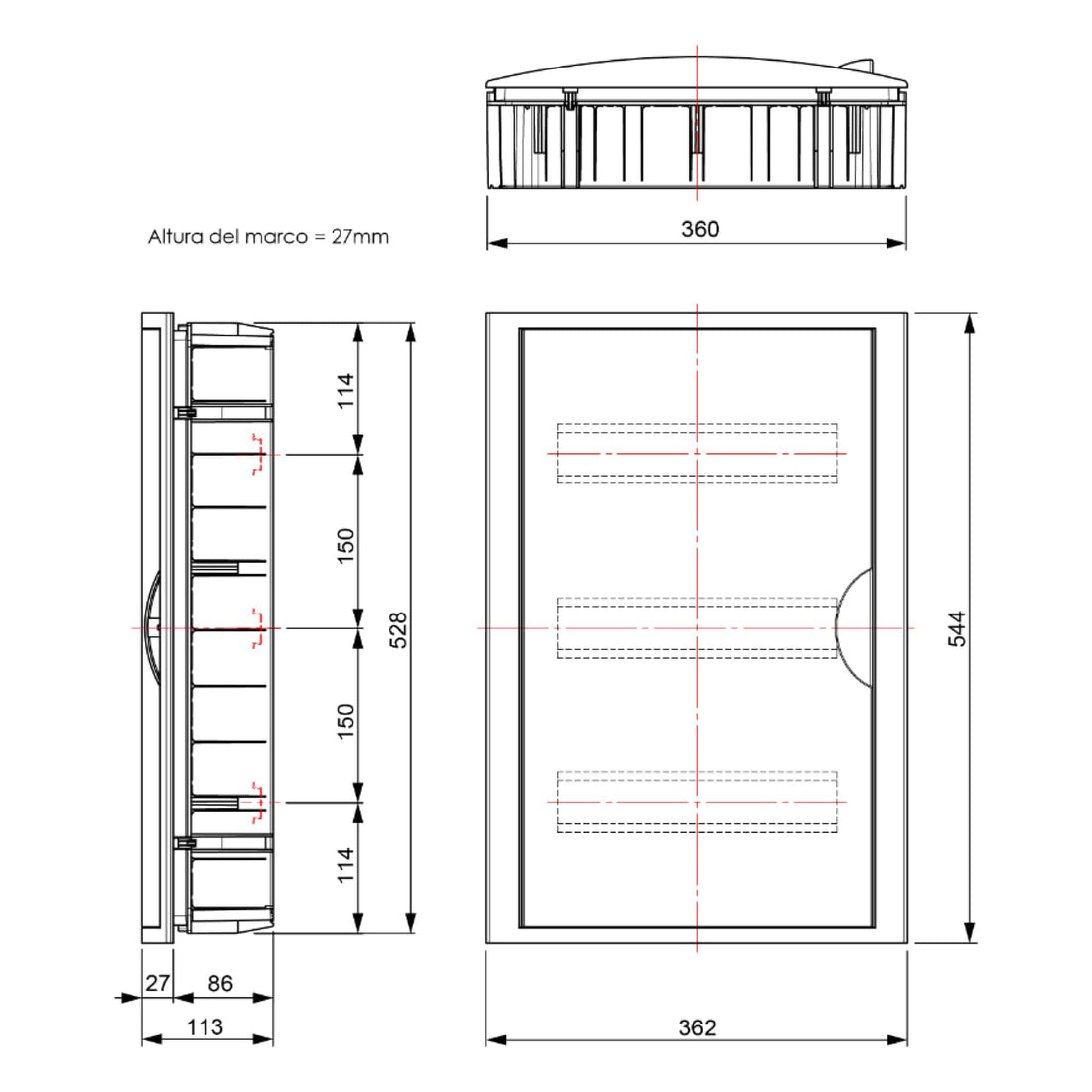 TABLERO EMPOTRADO TERMOPLÁSTICO, 42P, PUERTA FUMÉ HORIZONTAL, 360x528x86mm