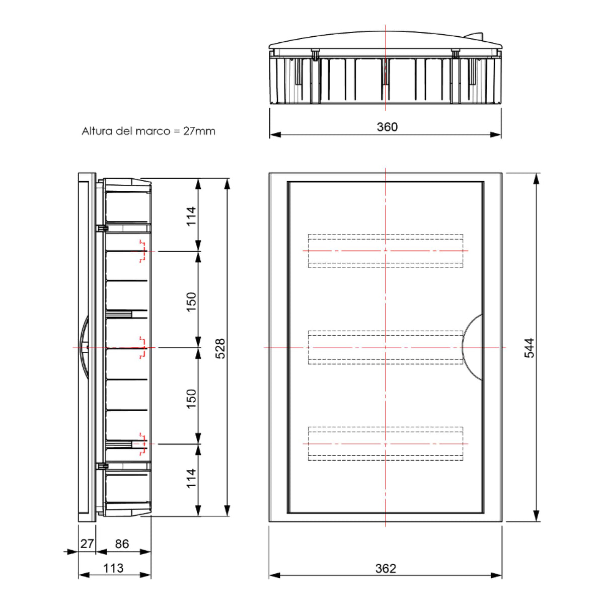 TABLERO EMPOTRADO TERMOPLÁSTICO, 42P, PUERTA FUMÉ HORIZONTAL, 360x528x86mm