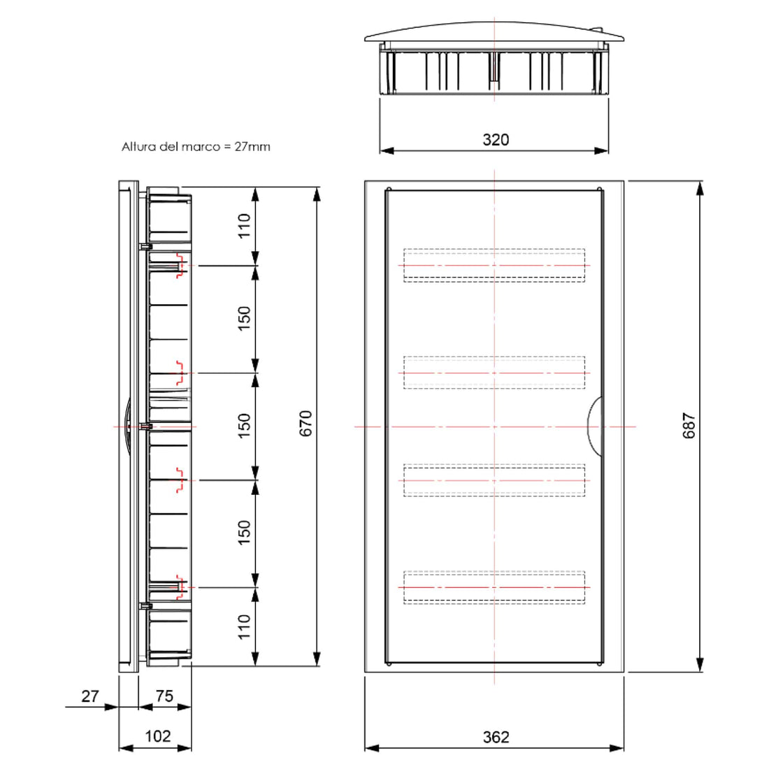 TABLERO EMPOTRADO TERMOPLÁSTICO, 56P, PUERTA BLANCA HORIZONTAL, 320x670x75mm