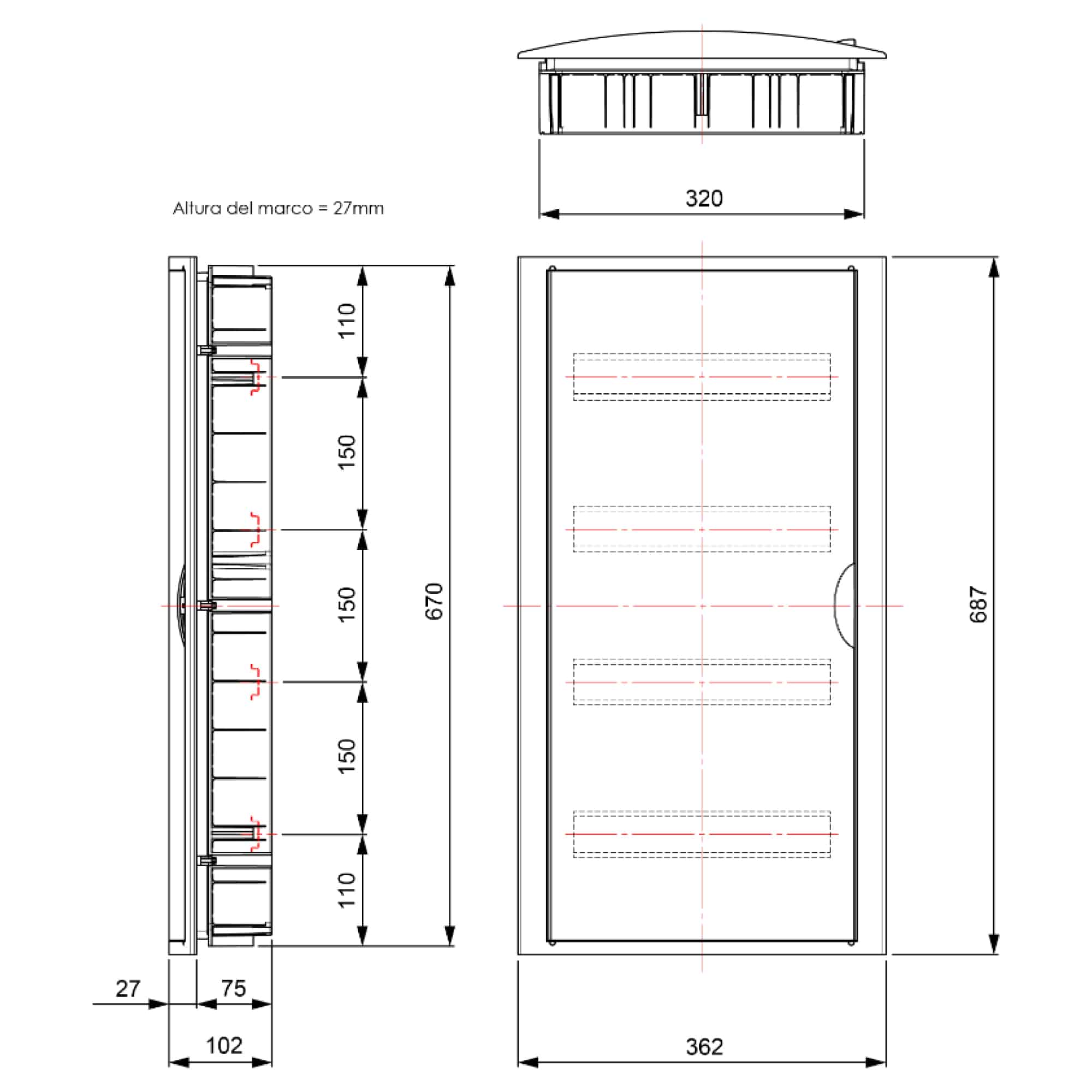 TABLERO EMPOTRADO TERMOPLÁSTICO, 56P, PUERTA BLANCA HORIZONTAL, 320x670x75mm