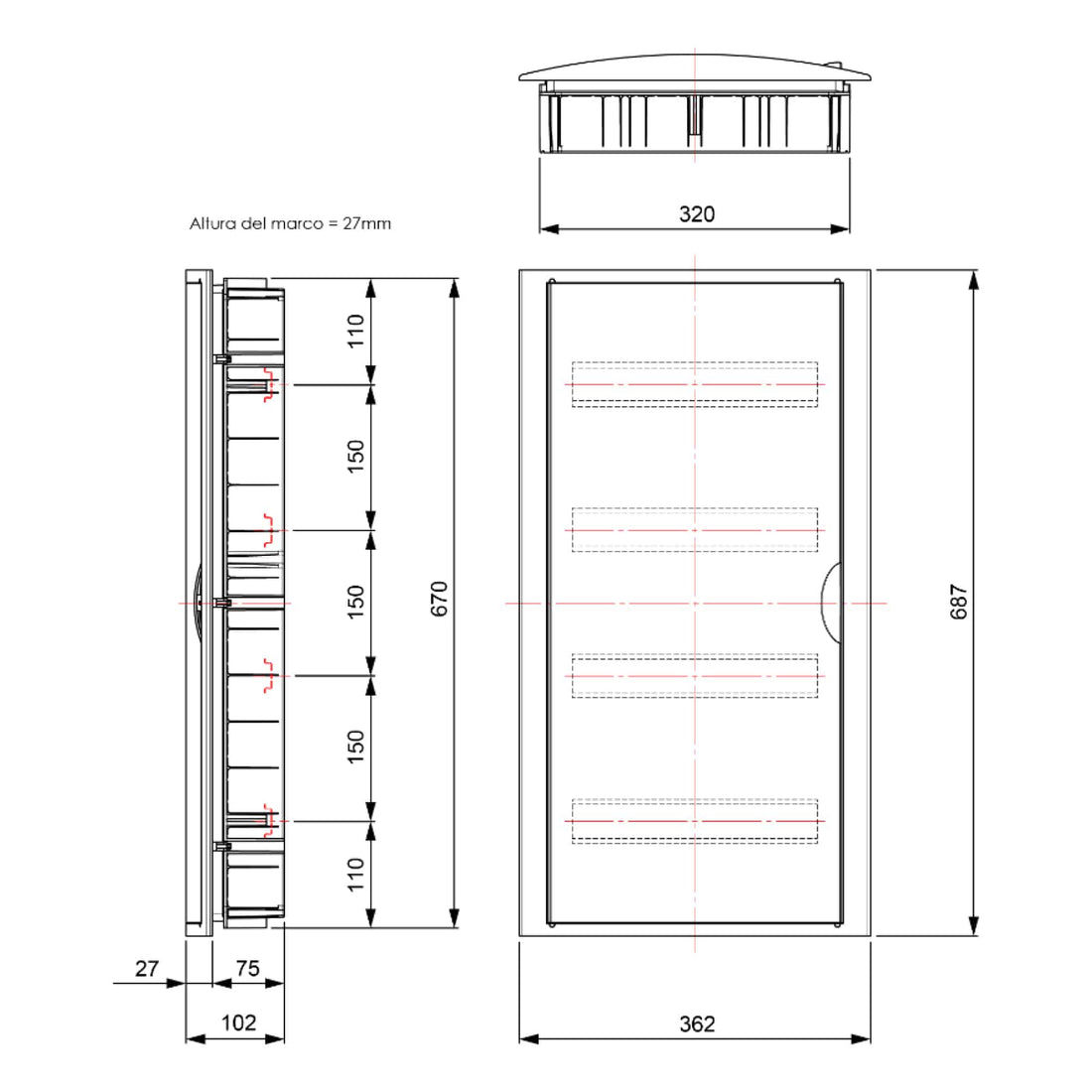 TABLERO EMPOTRADO TERMOPLÁSTICO, 56P, PUERTA FUMÉ HORIZONTAL, 320x670x75mm