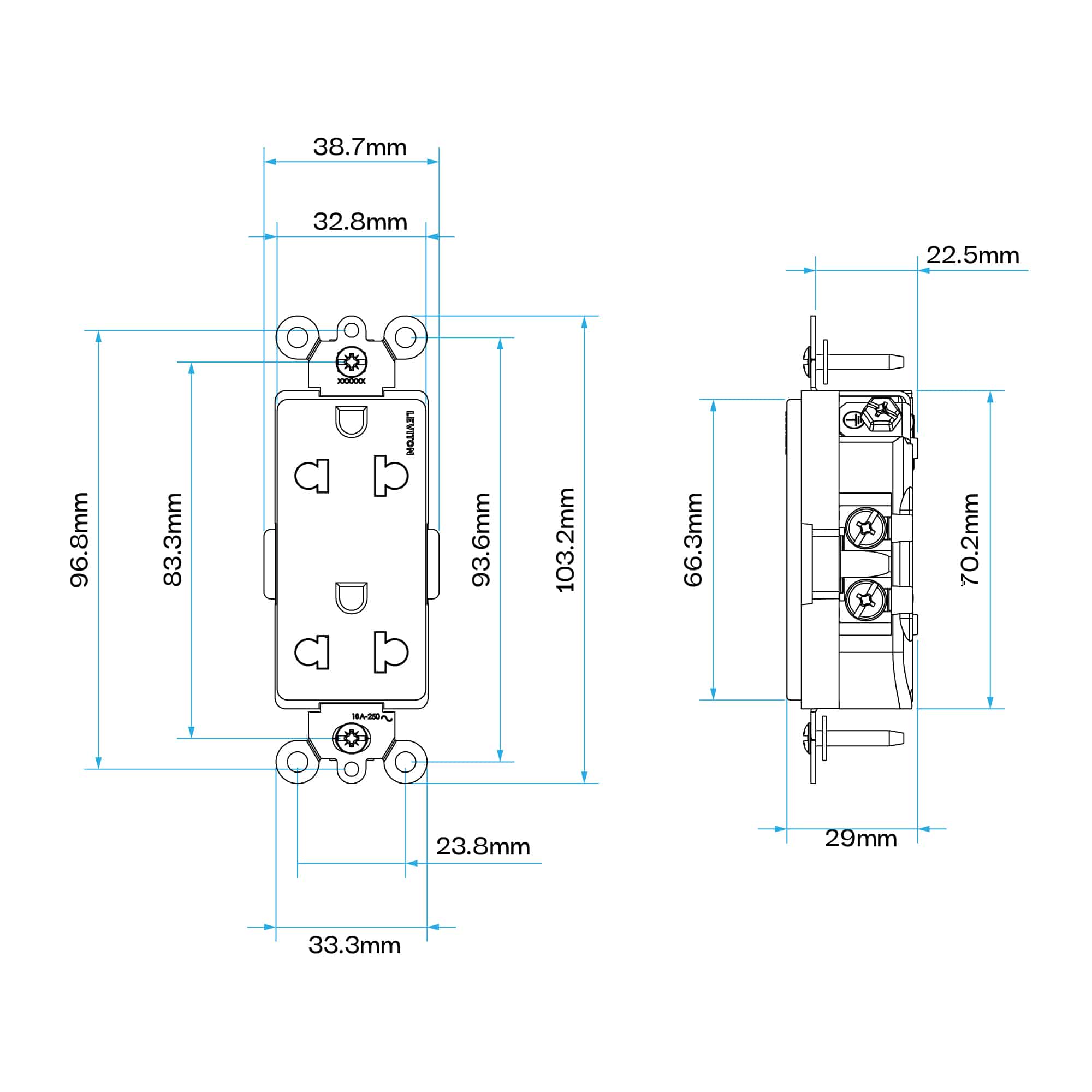 TOMA DOBLE EMPOTRABLE DECORA UNIVERSAL 2X15A L/T 150V O 16A L/T 250V BLANCO