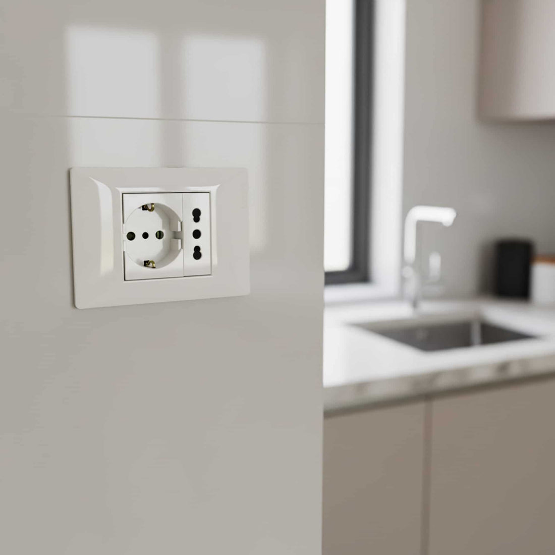 TOMA 3 EN LÍNEA BIPASO L/T 10/16A 250V BLANCO CON PROTECCION (1 MÓDULO)