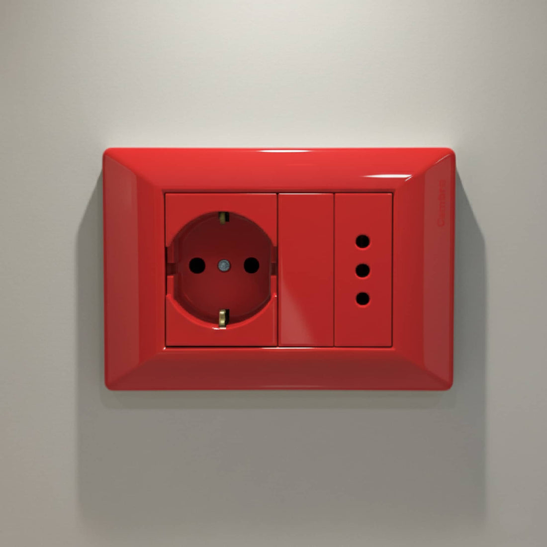 TOMA 3 EN LÍNEA BIPOLAR L/T 10A 250V ROJO CON PROTECCION (1 MÓDULO)