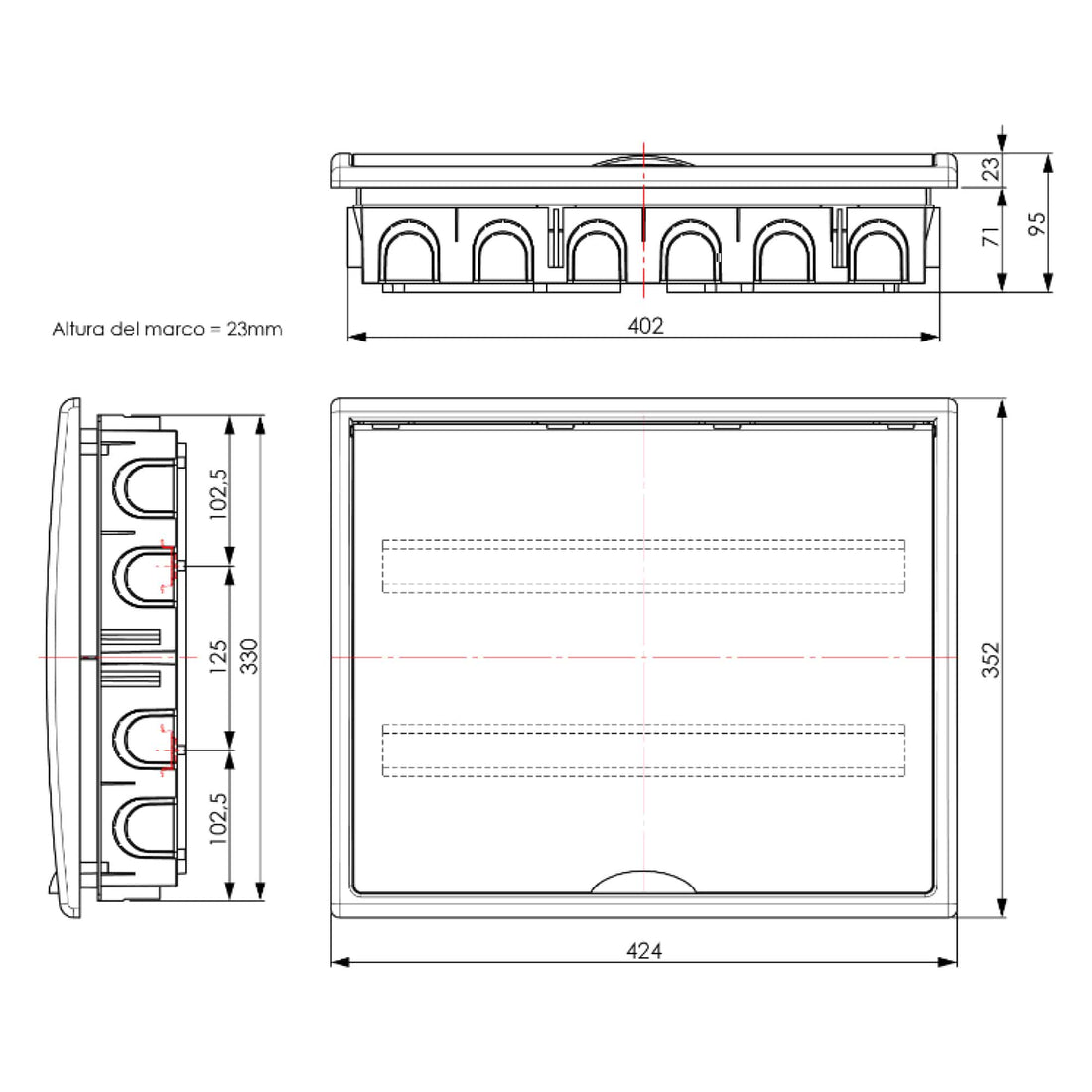 TABLERO EMPOTRADO TERMOPLÁSTICO, 36+4P, PUERTA BLANCA VERTICAL, 393x327x71mm