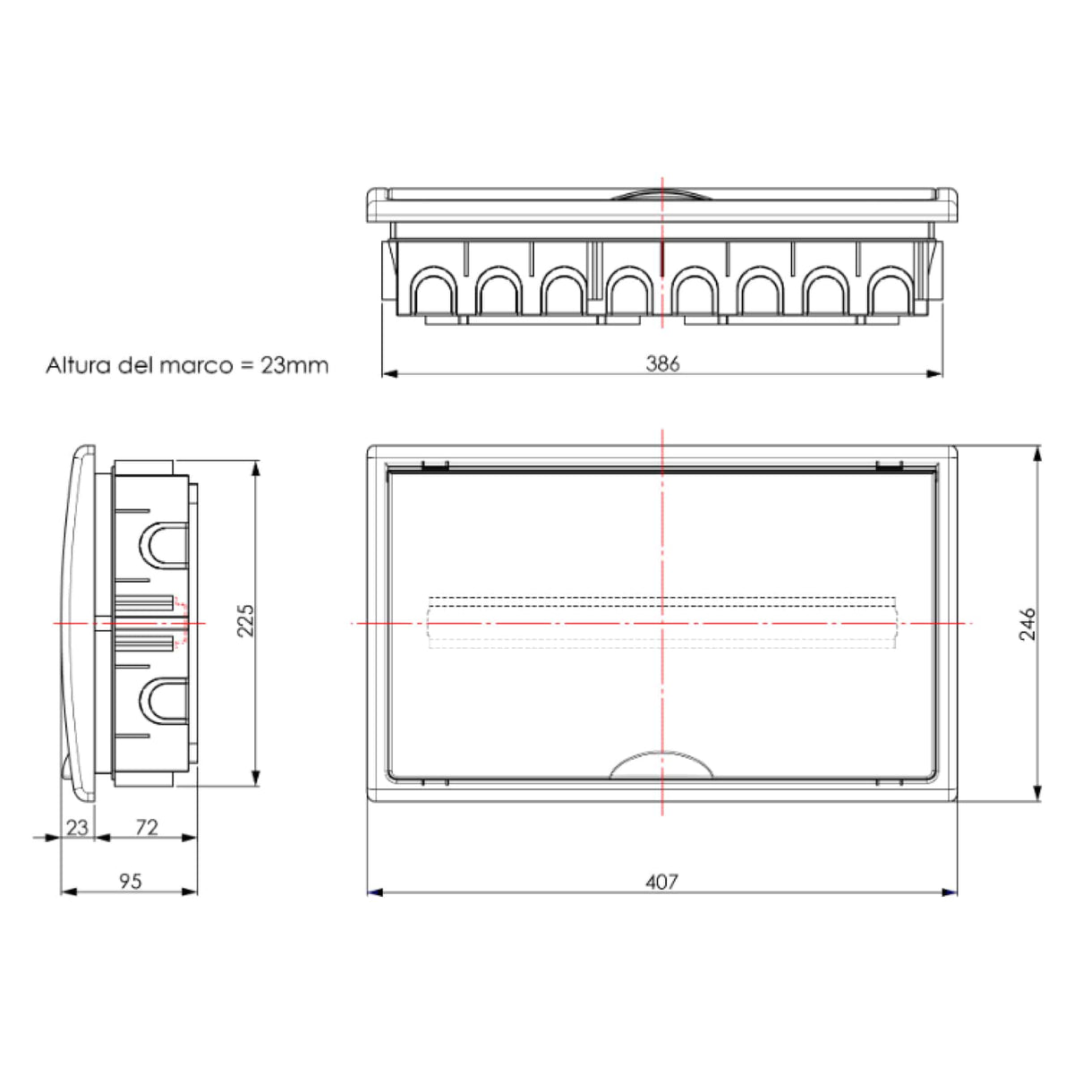 TABLERO EMPOTRADO TERMOPLÁSTICO, 18P, PUERTA BLANCA VERTICAL, 386x225x72mm (BORNE 106R)