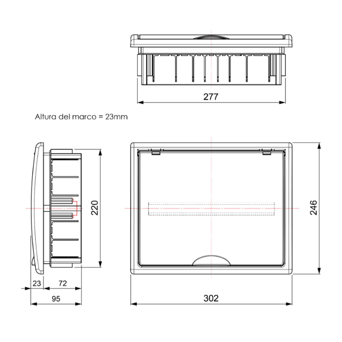 TABLERO EMPOTRADO TERMOPLÁSTICO, 12P, PUERTA BLANCA VERTICAL, 277x220x72mm