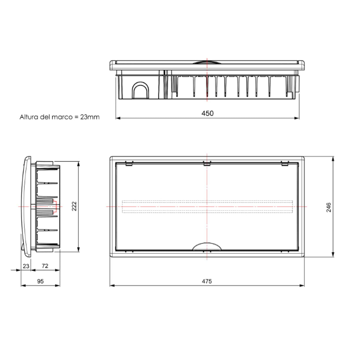 TABLERO EMPOTRADO TERMOPLÁSTICO, 22P, PUERTA FUMÉ VERTICAL, 450x222x72mm