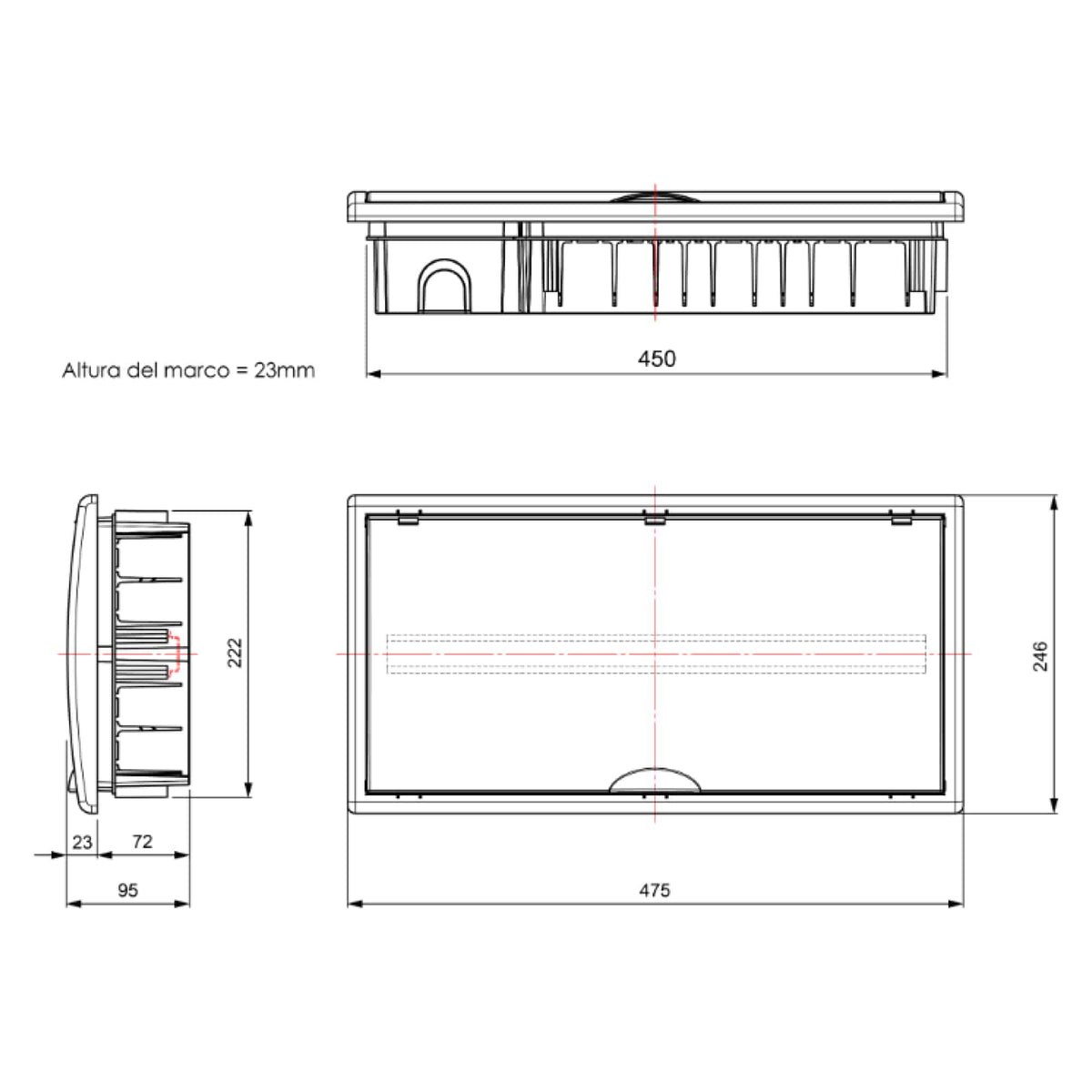 TABLERO EMPOTRADO TERMOPLÁSTICO, 22P, PUERTA FUMÉ VERTICAL, 450x222x72mm
