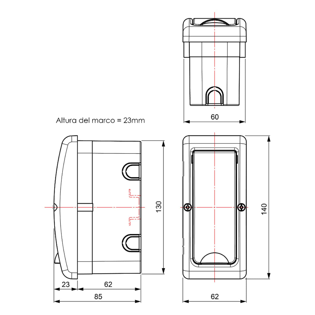 TABLERO EMPOTRADO TERMOPLÁSTICO, 2P, PUERTA BLANCA VERTICAL, 60x130x62mm