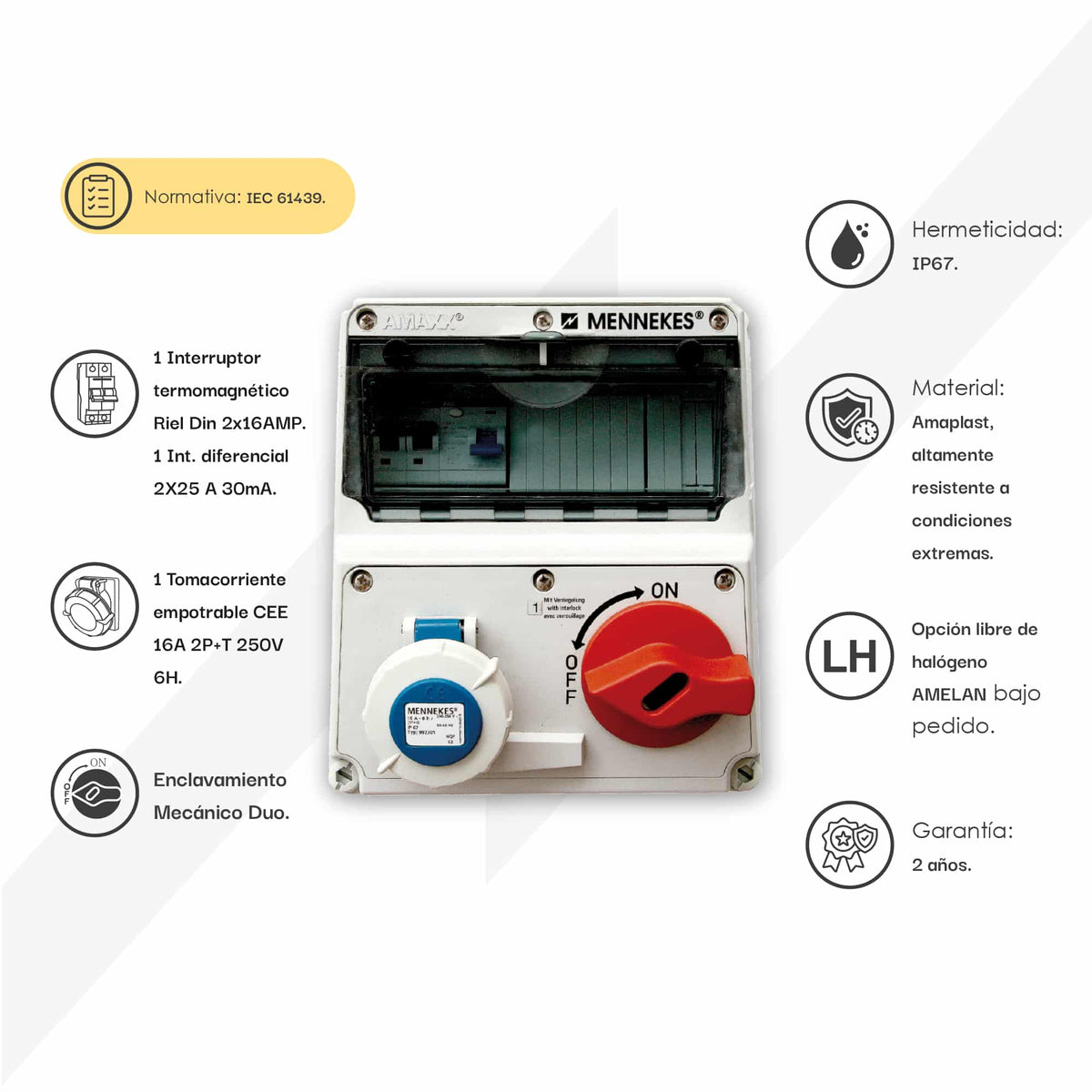 CAJA COMBINADA AMAXX IP67 1 TOMA 16A 2P+T 250V C/BLOQUEO MEC.DUO C/1 INTERRUPT.TERMO 2X16A + 1 INTERRUPT.DIF 2X25A 30Ma
