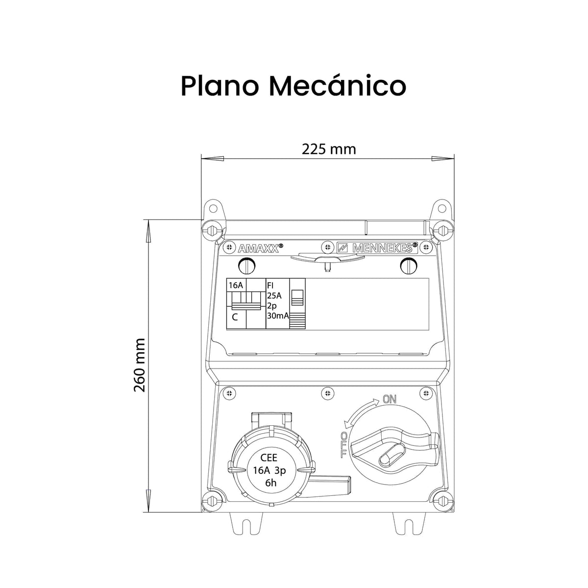 CAJA COMBINADA AMAXX IP67 1 TOMA 16A 2P+T 250V C/BLOQUEO MEC.DUO C/1 INTERRUPT.TERMO 2X16A + 1 INTERRUPT.DIF 2X25A 30Ma