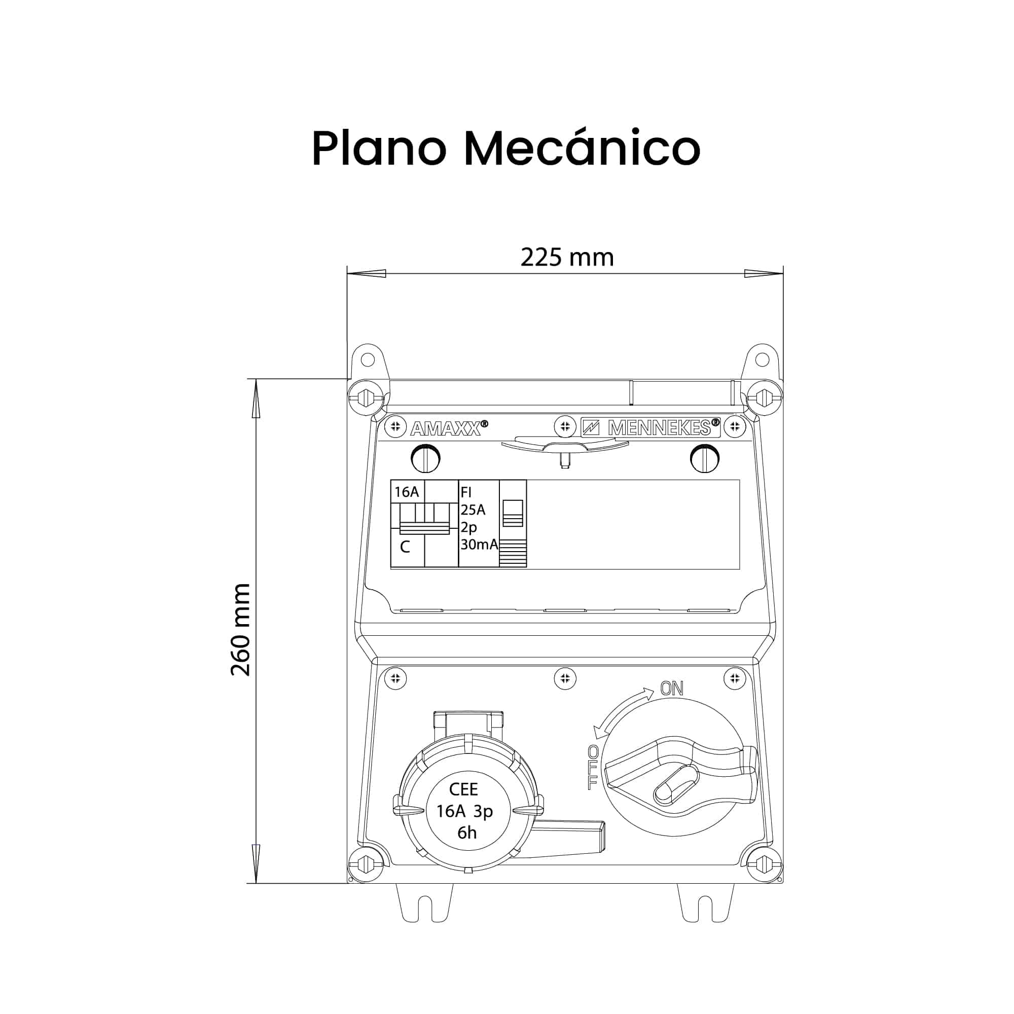 CAJA COMBINADA AMAXX IP67 1 TOMA 16A 2P+T 250V C/BLOQUEO MEC.DUO C/1 INTERRUPT.TERMO 2X16A + 1 INTERRUPT.DIF 2X25A 30Ma