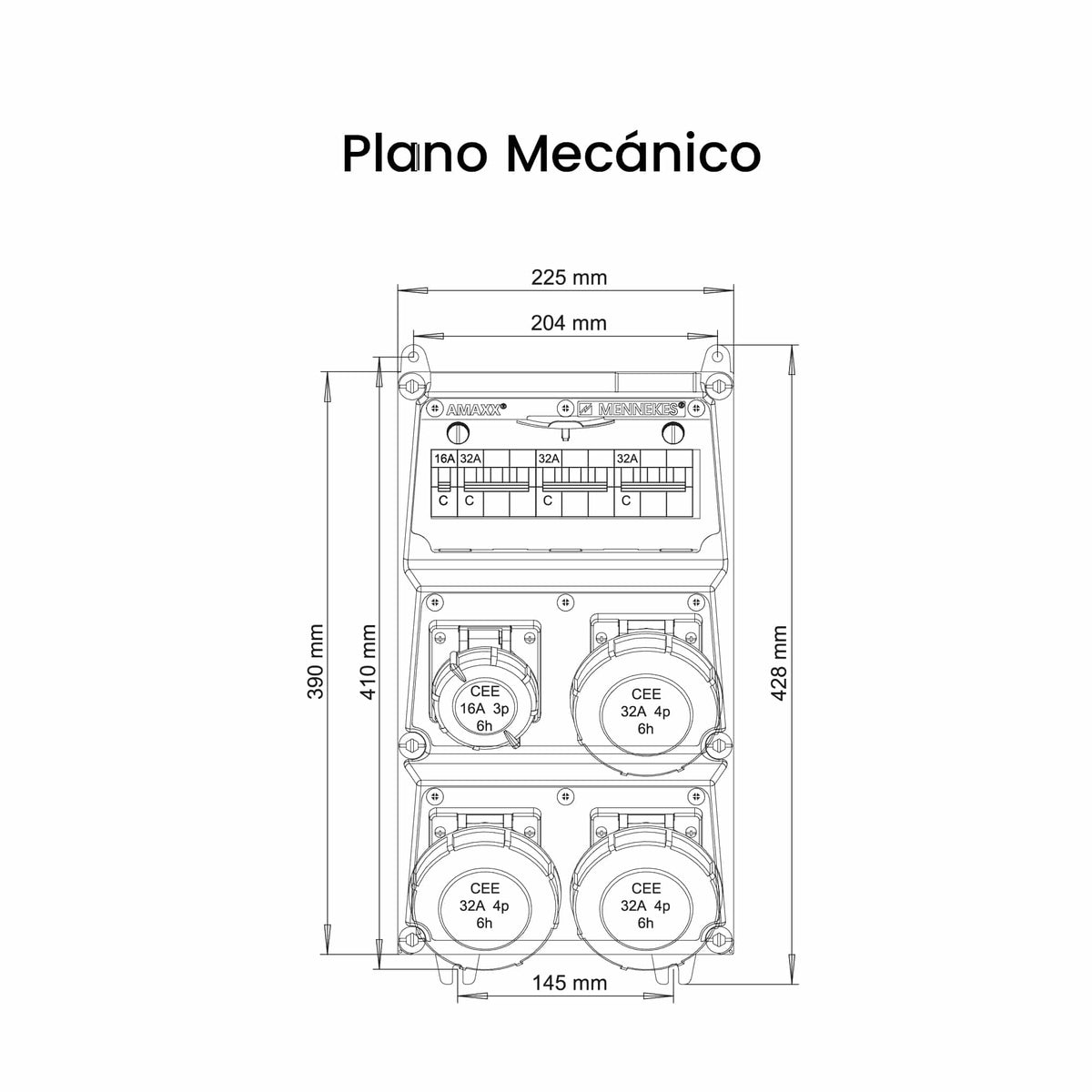 CAJA COMBINADA AMAXX IP67 3 TOMAS 32A 3P+T 415V 6H C/3 INTERRUPT.TERMO 3X32A + 1 TOMA 16A 2P+T 250V 6H C/1 INTERRUPT.TERMO 2X16A
