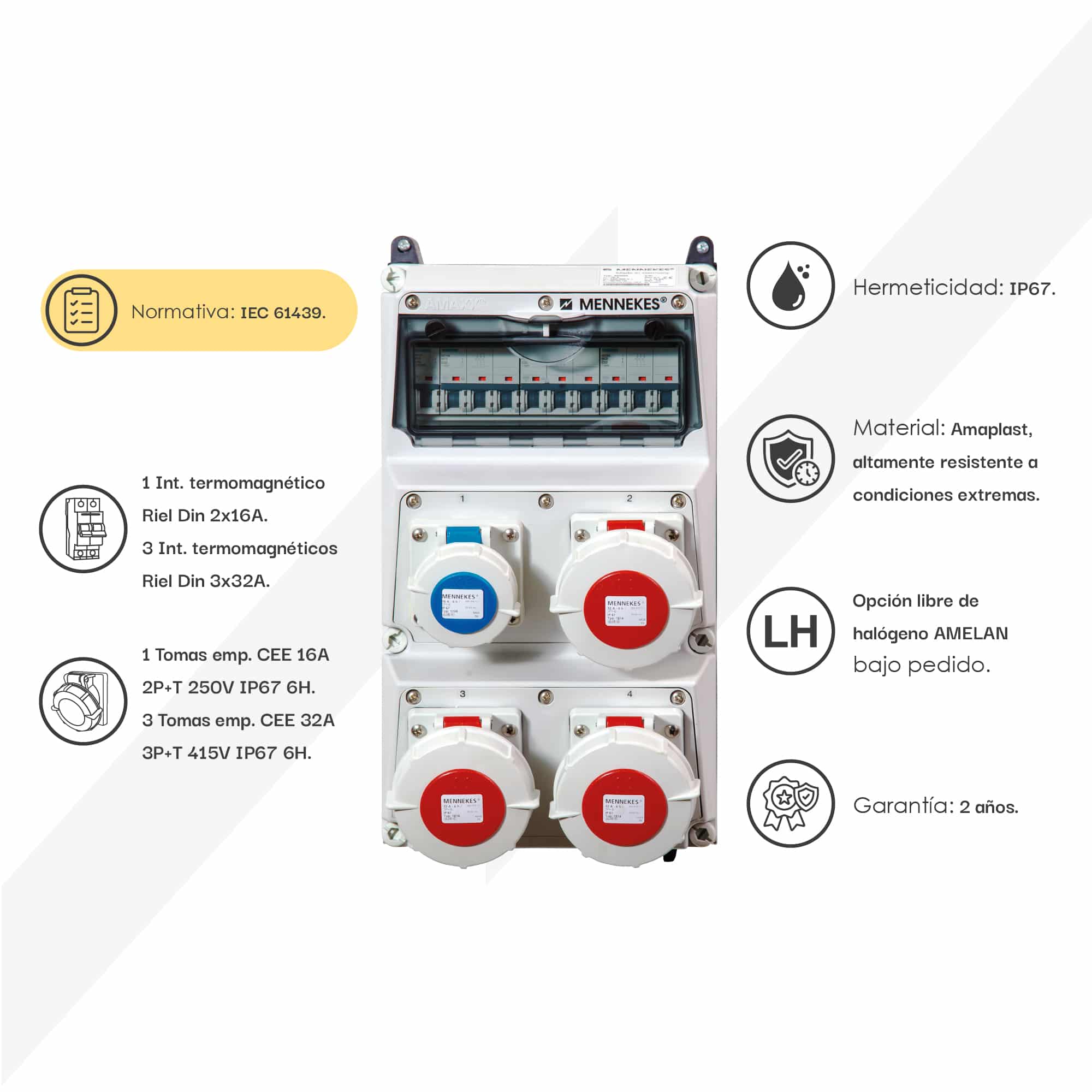 CAJA COMBINADA AMAXX IP67 3 TOMAS 32A 3P+T 415V 6H C/3 INTERRUPT.TERMO 3X32A + 1 TOMA 16A 2P+T 250V 6H C/1 INTERRUPT.TERMO 2X16A