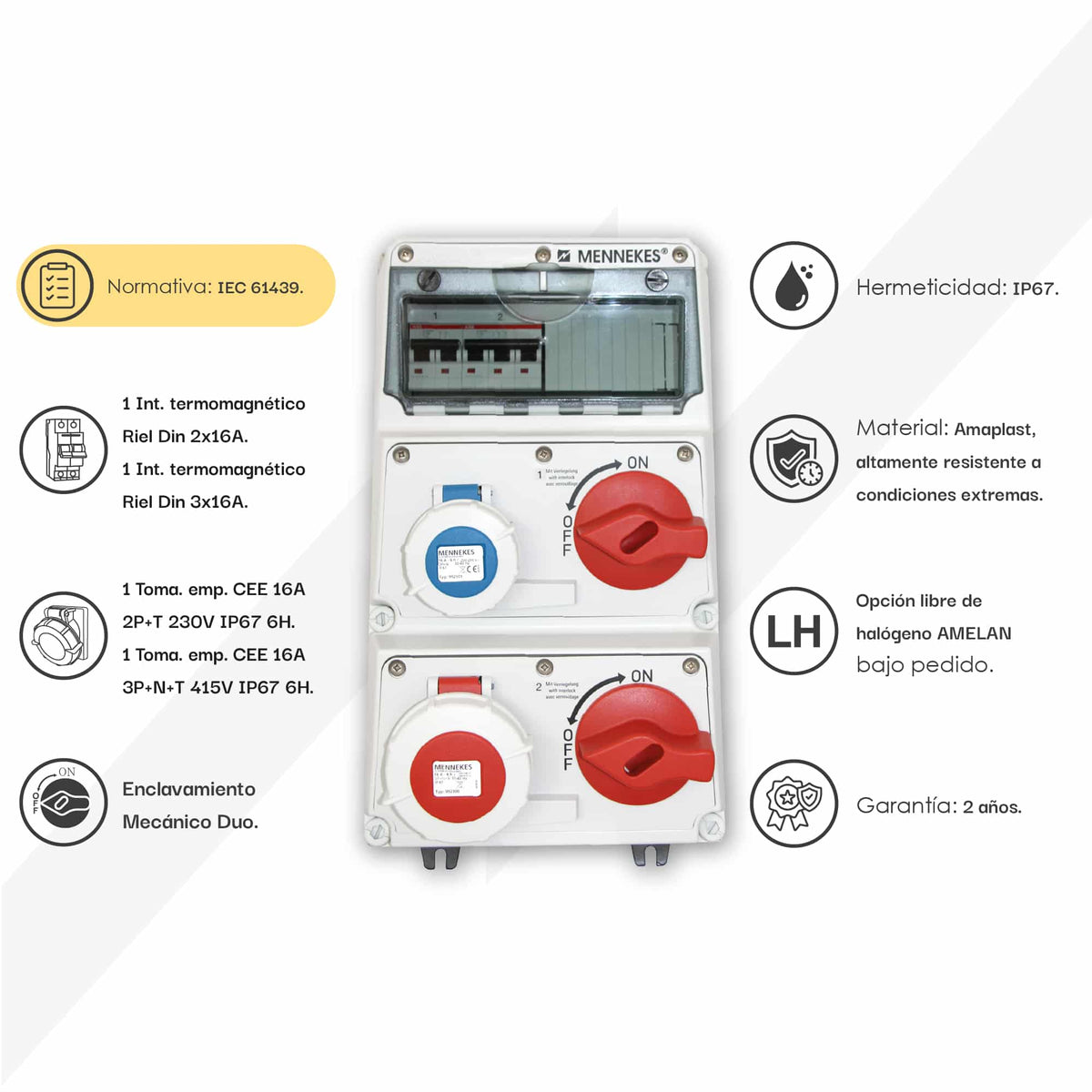 CAJA COMBINADA AMAXX IP67 1 TOMA 2P + T 16A 250V C/BLOQ.MEC. DUO 1 TOMA 3P+N+T 16A 415V C/1 INTERRUPT.TERMO 2X16A C/1 INTERRUPT.TERMO 3X16A