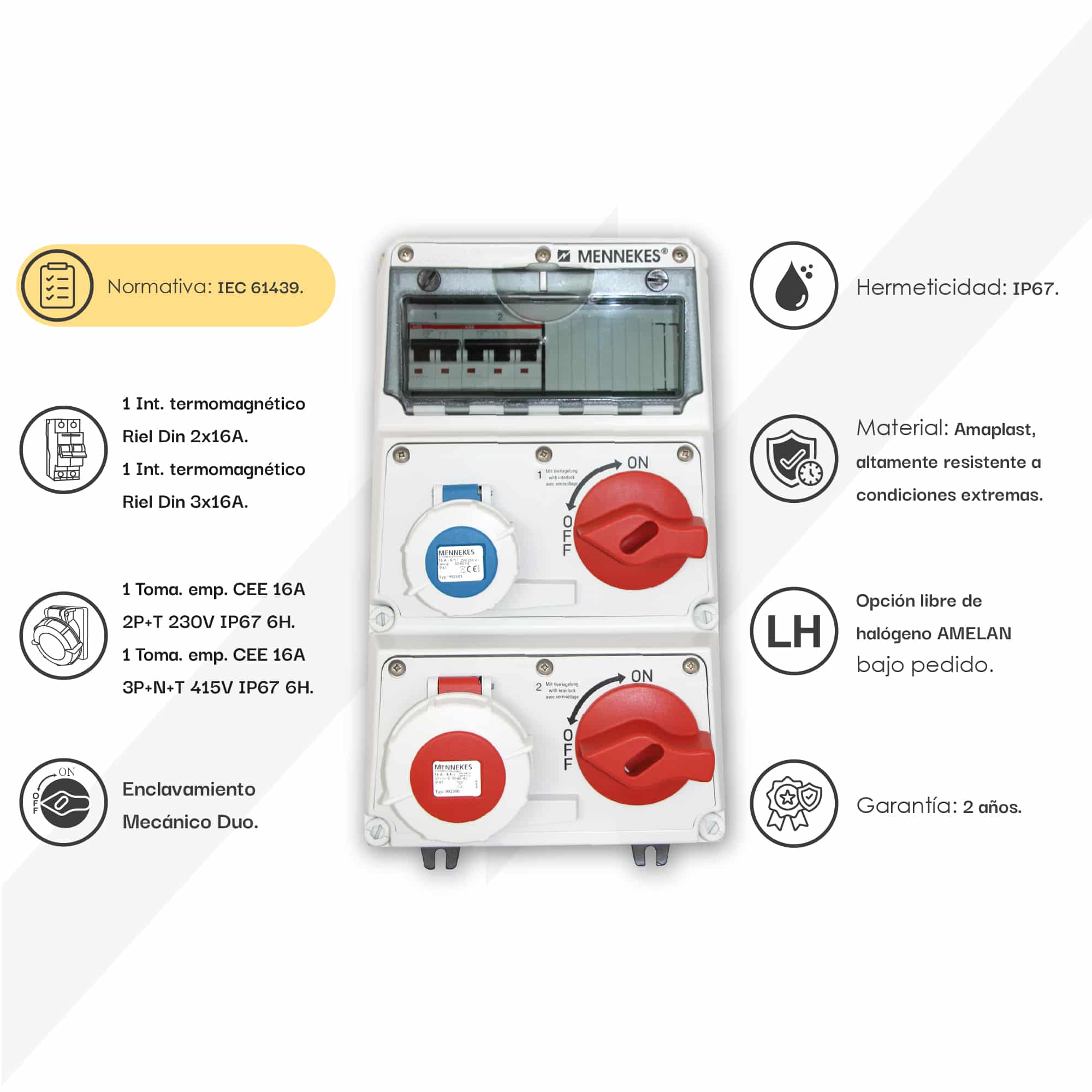 CAJA COMBINADA AMAXX IP67 1 TOMA 2P + T 16A 250V C/BLOQ.MEC. DUO 1 TOMA 3P+N+T 16A 415V C/1 INTERRUPT.TERMO 2X16A C/1 INTERRUPT.TERMO 3X16A