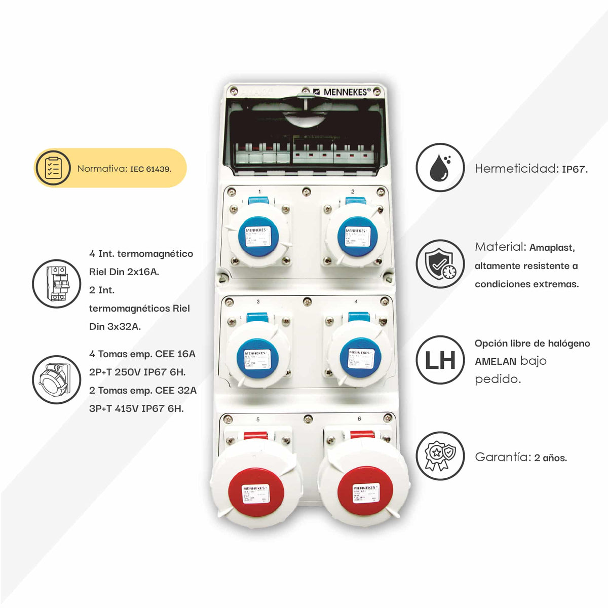 CAJA COMBINADA AMAXX IP67 2 TOMAS 3P+T 32A IP67 + 2 INTERRUPT.TERMO 3X32A + 4 TOMAS 2P+T 16A 230V IP67 + 4 INTERRUPT. TERMO 2X16A