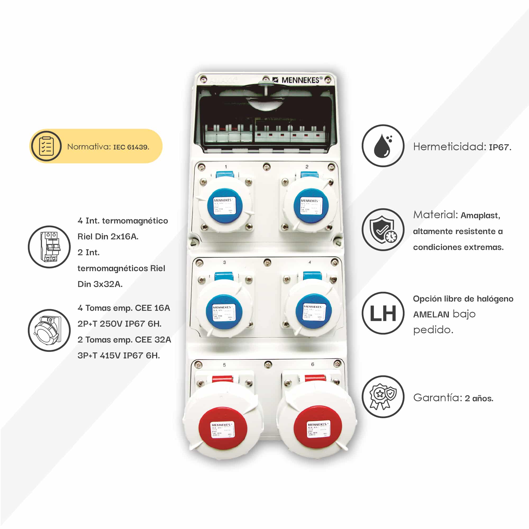 CAJA COMBINADA AMAXX IP67 2 TOMAS 3P+T 32A IP67 + 2 INTERRUPT.TERMO 3X32A + 4 TOMAS 2P+T 16A 230V IP67 + 4 INTERRUPT. TERMO 2X16A