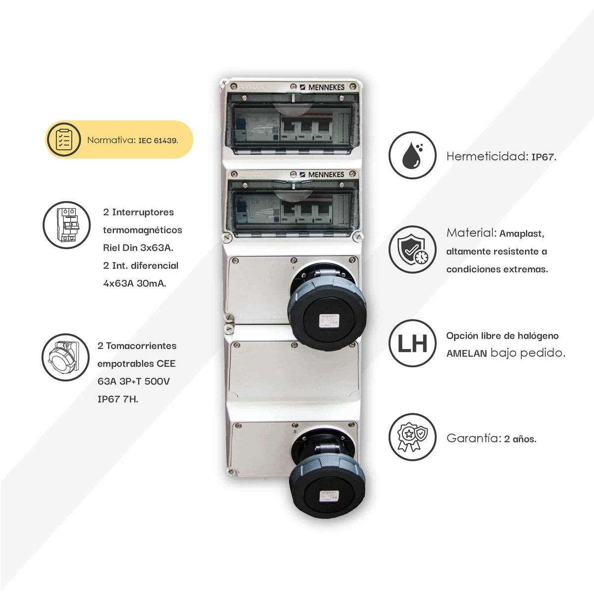 CAJA COMBINADA AMAXX IP67 2 TOMAS 63A 3P+T 500V 7H C/ 2 INTERRUPT.TERMO 3X63A + 2 INTERRUPT.DIFERENCIAL 4x63A