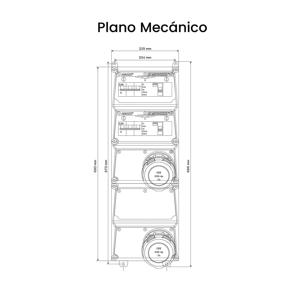 CAJA COMBINADA AMAXX IP67 2 TOMAS 63A 3P+T 500V 7H C/ 2 INTERRUPT.TERMO 3X63A + 2 INTERRUPT.DIFERENCIAL 4x63A