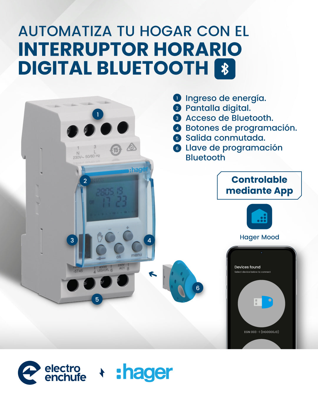 INTERRUPTOR HORARIO DIGITAL + BLUETOOTH, 2 MOD, 16 A, 230VAC, 1 CONM.