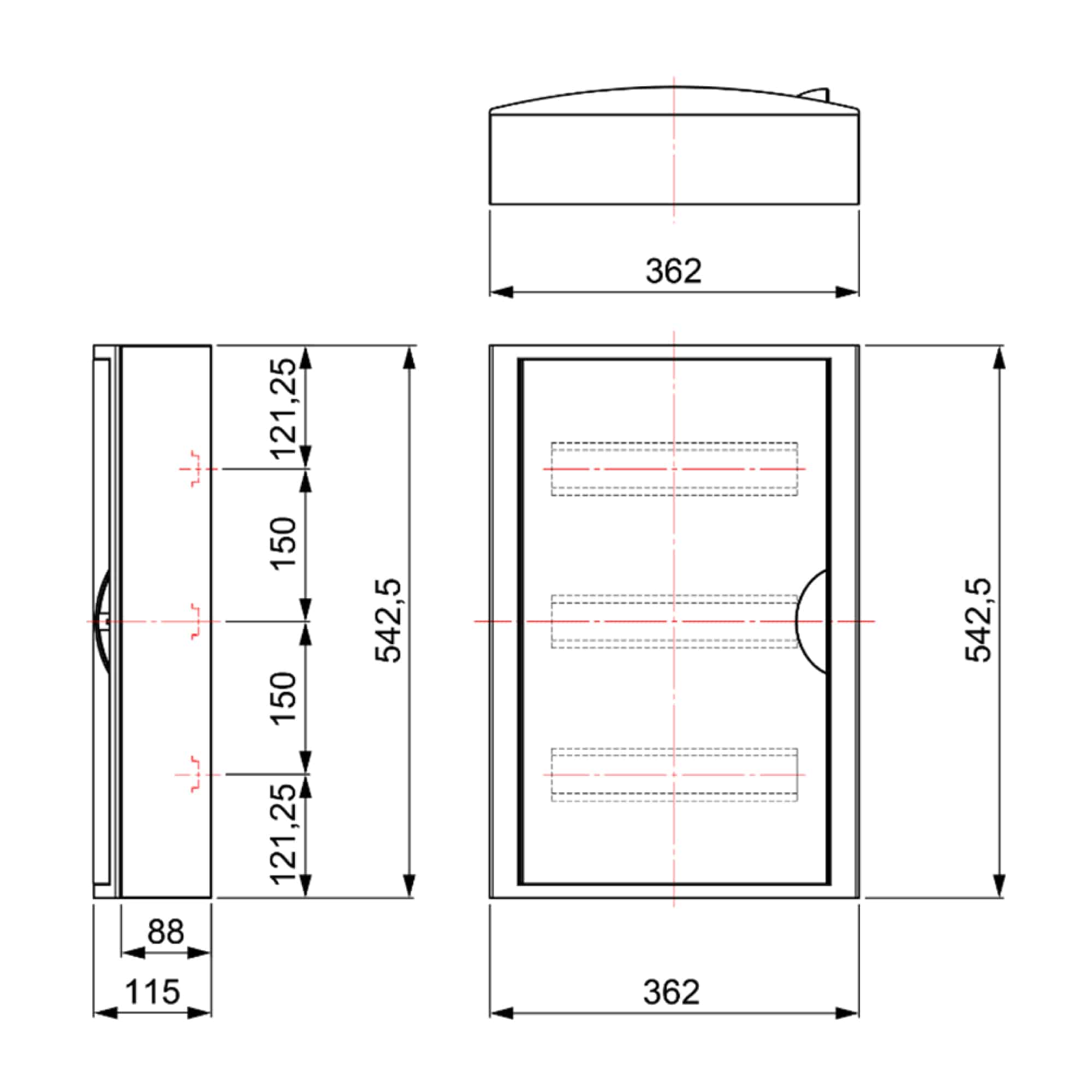 TABLERO ADOSADO TERMOPLÁSTICO, 42P, PUERTA FUMÉ HORIZONTAL, 362x542x115mm