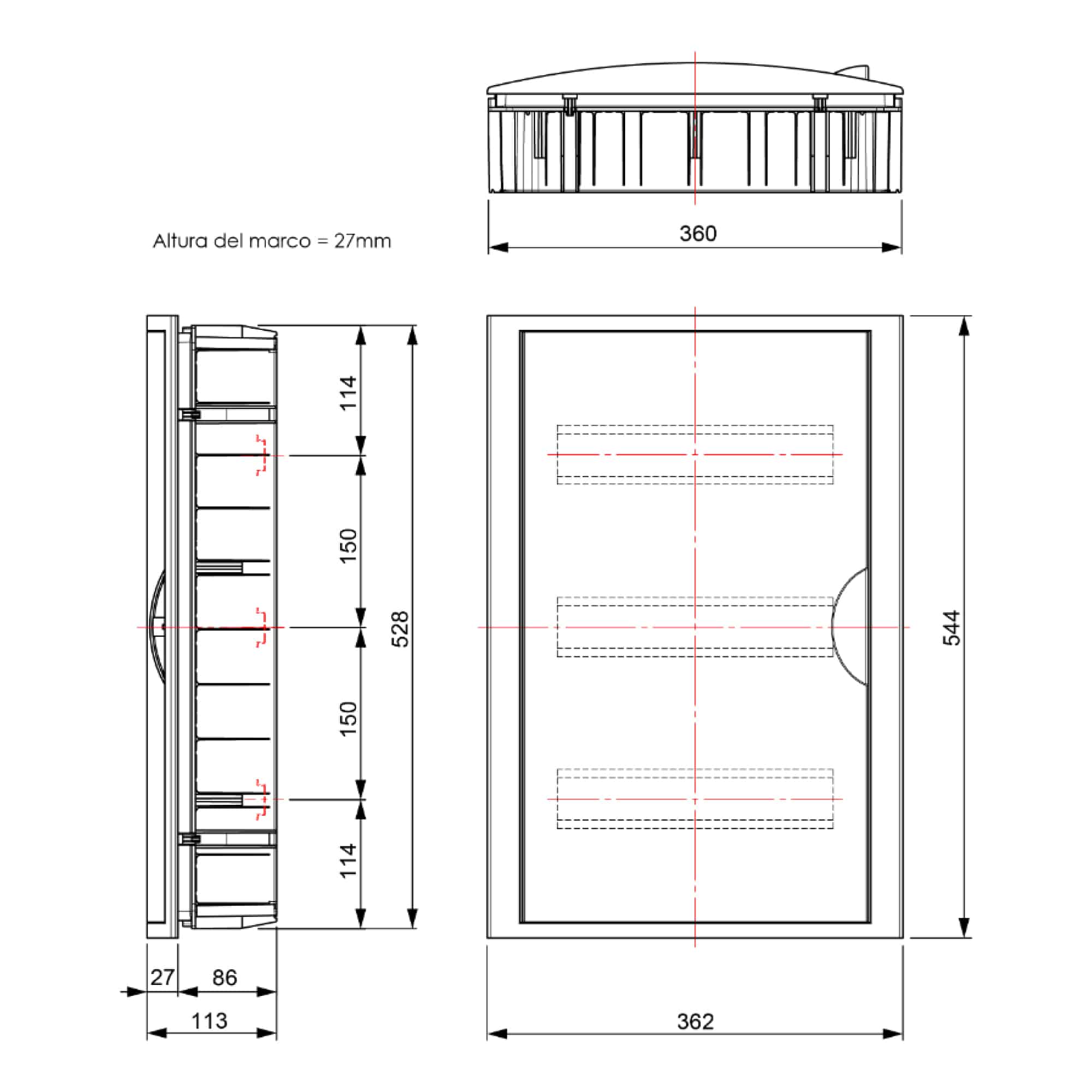 TABLERO EMPOTRADO TERMOPLÁSTICO, 42P, PUERTA BLANCA HORIZONTAL, 360x528x86mm