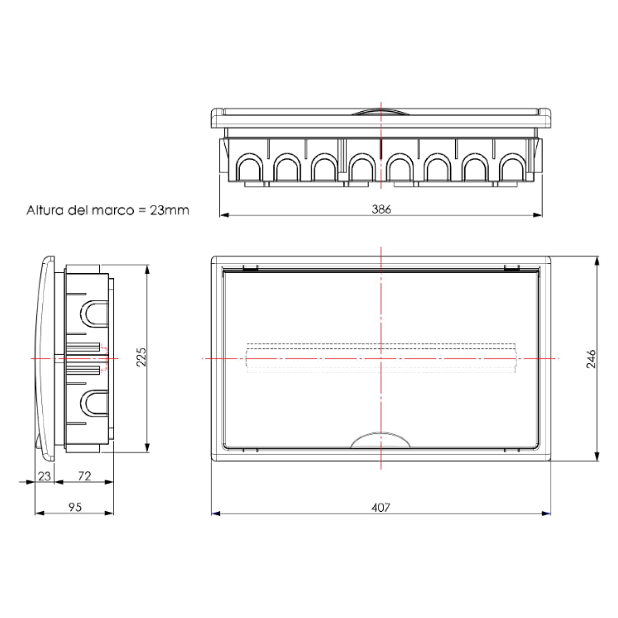 TABLERO EMPOTRADO TERMOPLÁSTICO, 18P, PUERTA BLANCA VERTICAL, 386x225x72mm (BORNE 106R)