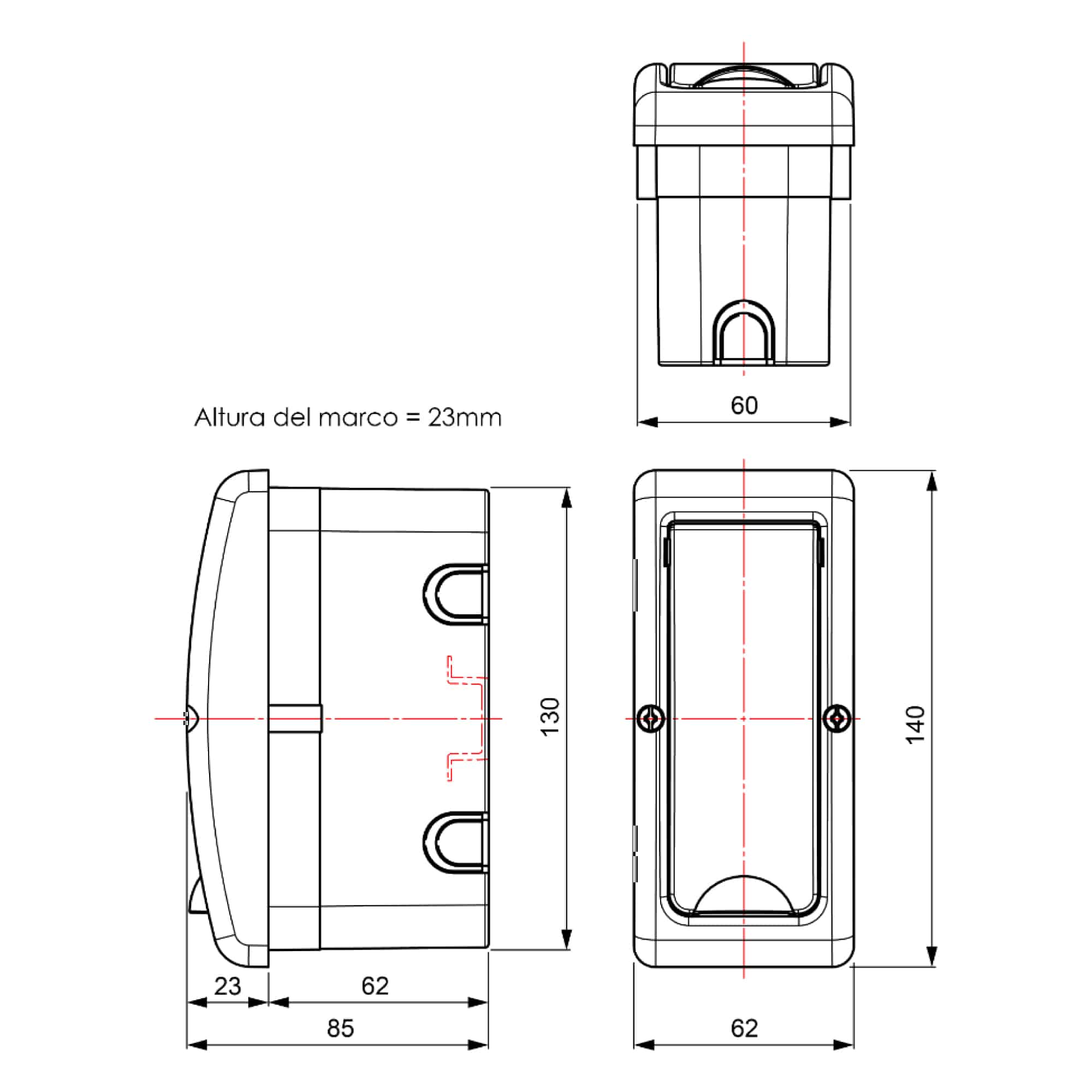 TABLERO EMPOTRADO TERMOPLÁSTICO, 2P, PUERTA BLANCA VERTICAL, 60x130x62mm