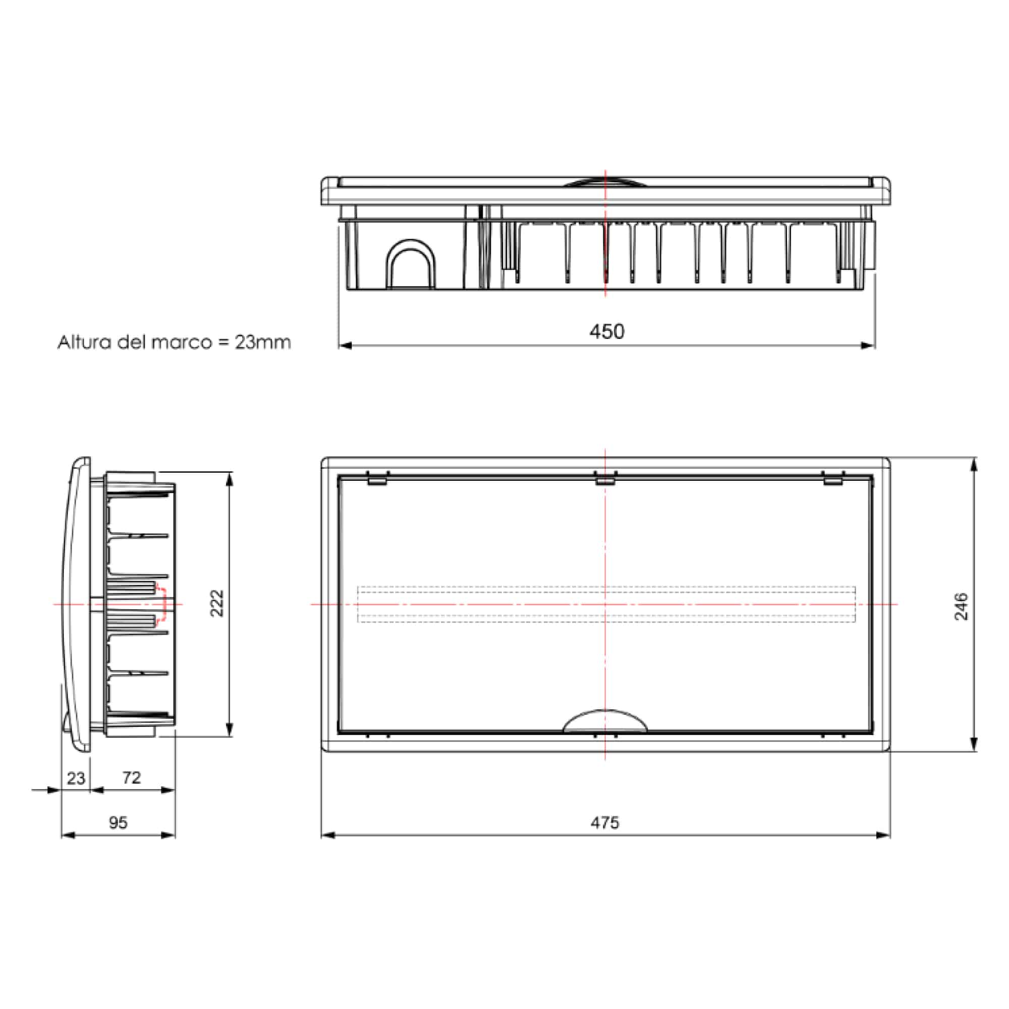 TABLERO EMPOTRADO TERMOPLÁSTICO, 22P, PUERTA FUMÉ VERTICAL, 450x222x72mm