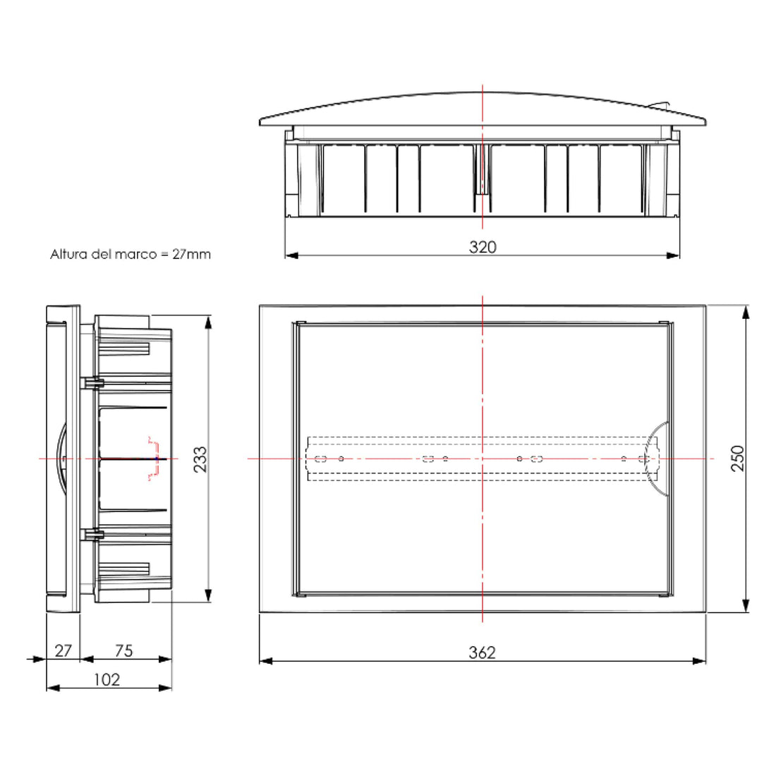 TABLERO EMPOTRADO TERMOPLÁSTICO, 14P, PUERTA BLANCA HORIZONTAL, 320x233x75mm