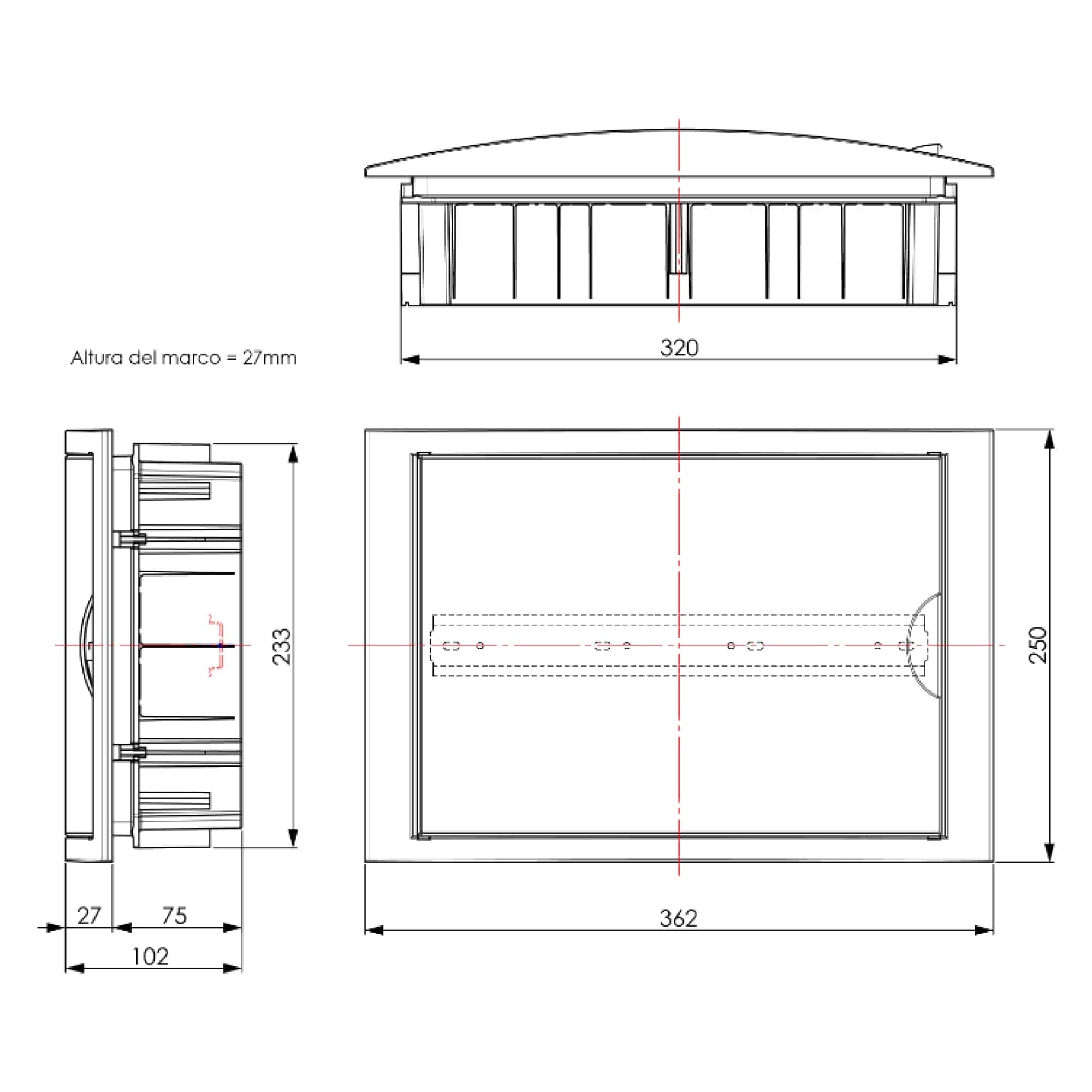 TABLERO EMPOTRADO TERMOPLÁSTICO, 14P, PUERTA BLANCA HORIZONTAL, 320x233x75mm