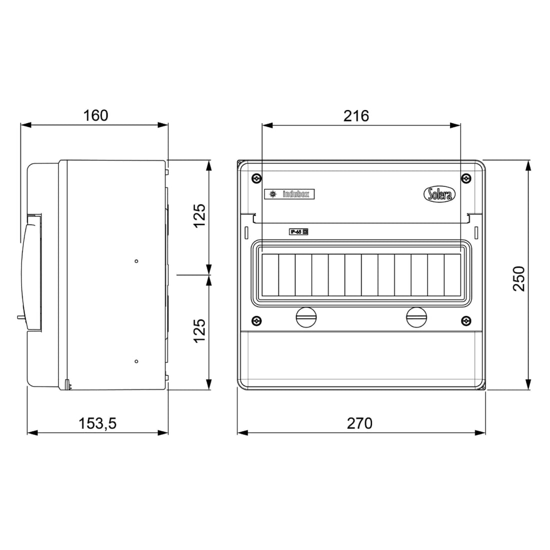 TABLERO ADOSADO TERMOPLÁSTICO 12P IK08 IP65, C/BORNE, 270x250x160mm (no pretoquelado)
