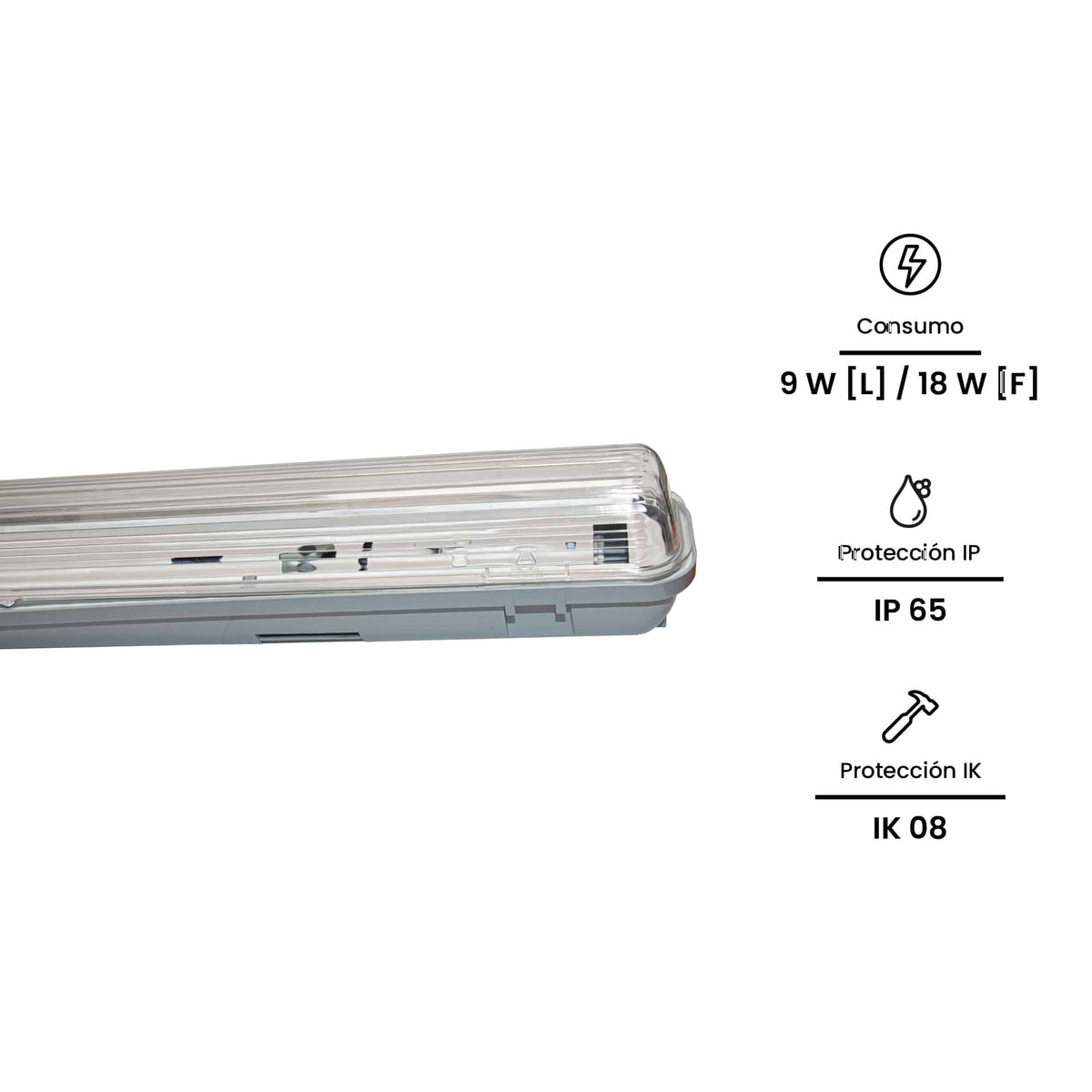 EQ. HERM. IND 1X18W, T8 600MM,  IP65 IK08, 220-240VAC (SIN BALASTRO, SIN LAMPARA): Modelo: WP