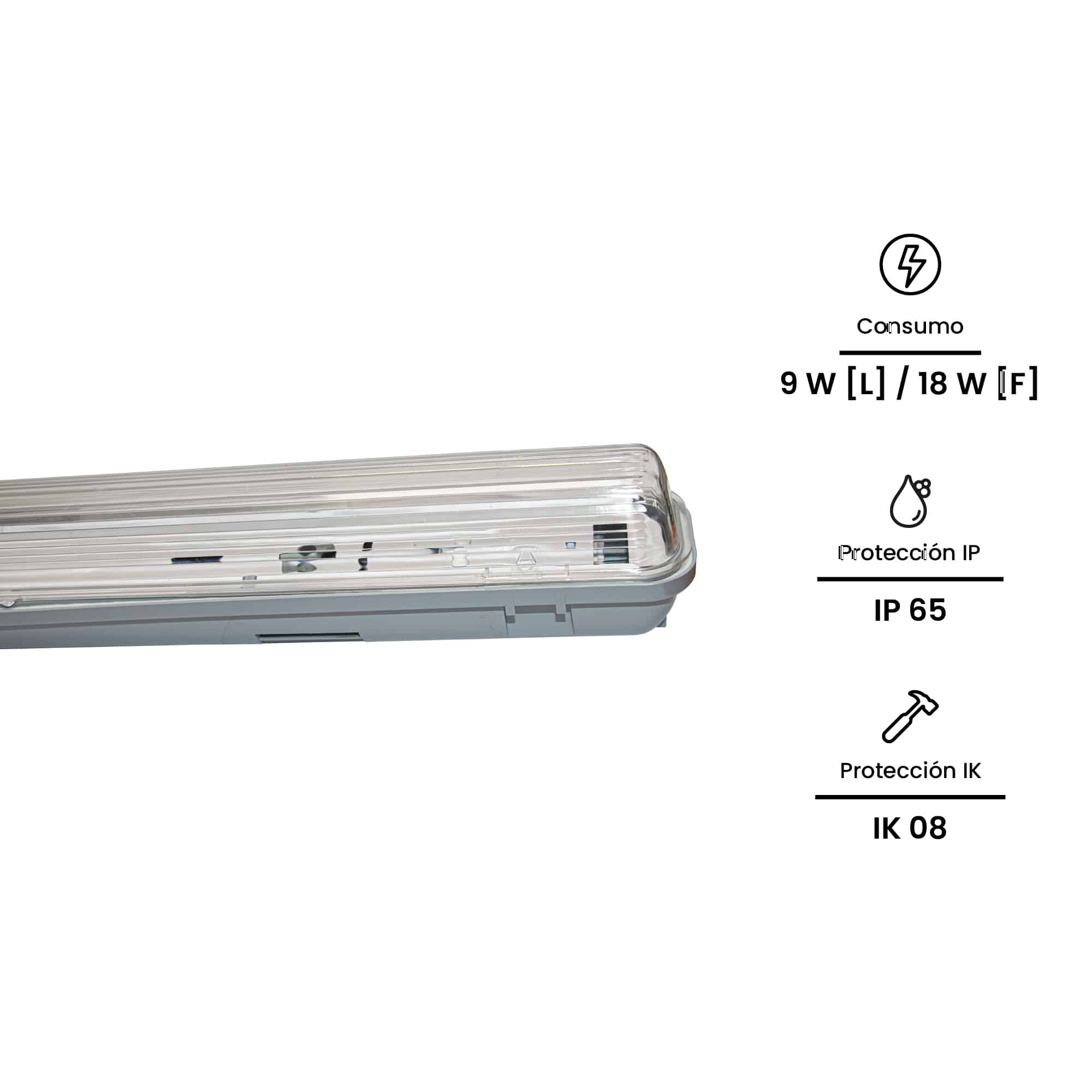 EQ. HERM. IND 1X18W, T8 600MM,  IP65 IK08, 220-240VAC (SIN BALASTRO, SIN LAMPARA): Modelo: WP