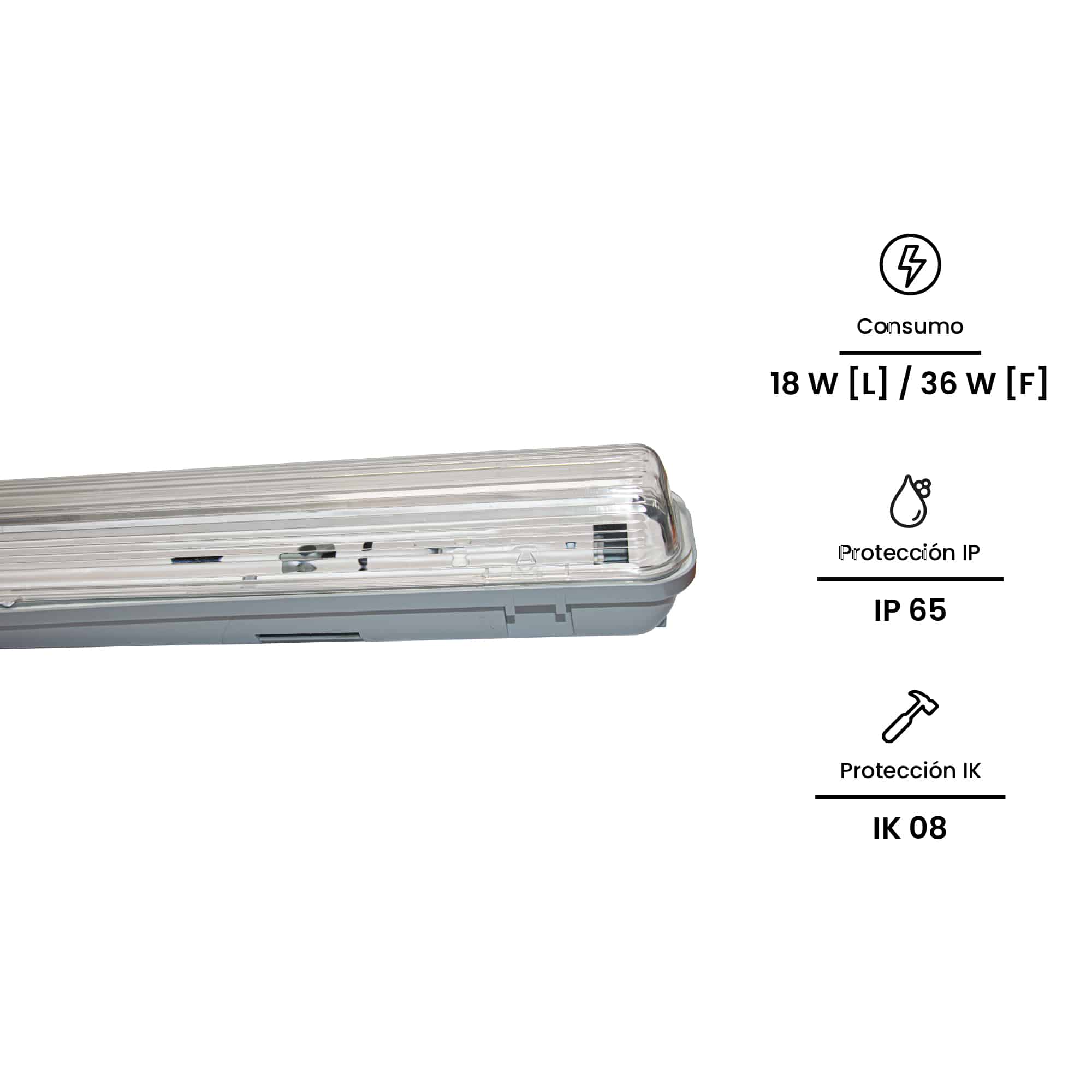 EQ. HERM. IND 1X36W, T8 1200MM, IP65 IK08, 220-240VAC (SIN BALASTRO, SIN LAMPARA): Modelo: WP