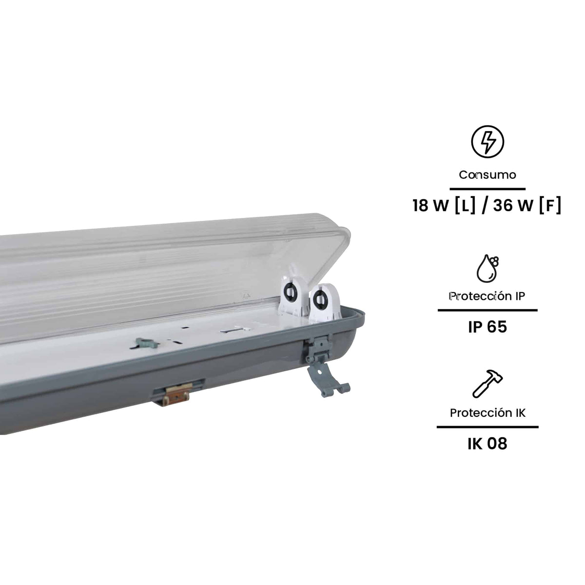 EQ. HERM. IND. 2X36W T8 1200MM IP65 220V(SIN BALASTRO, SIN LAMPARA)